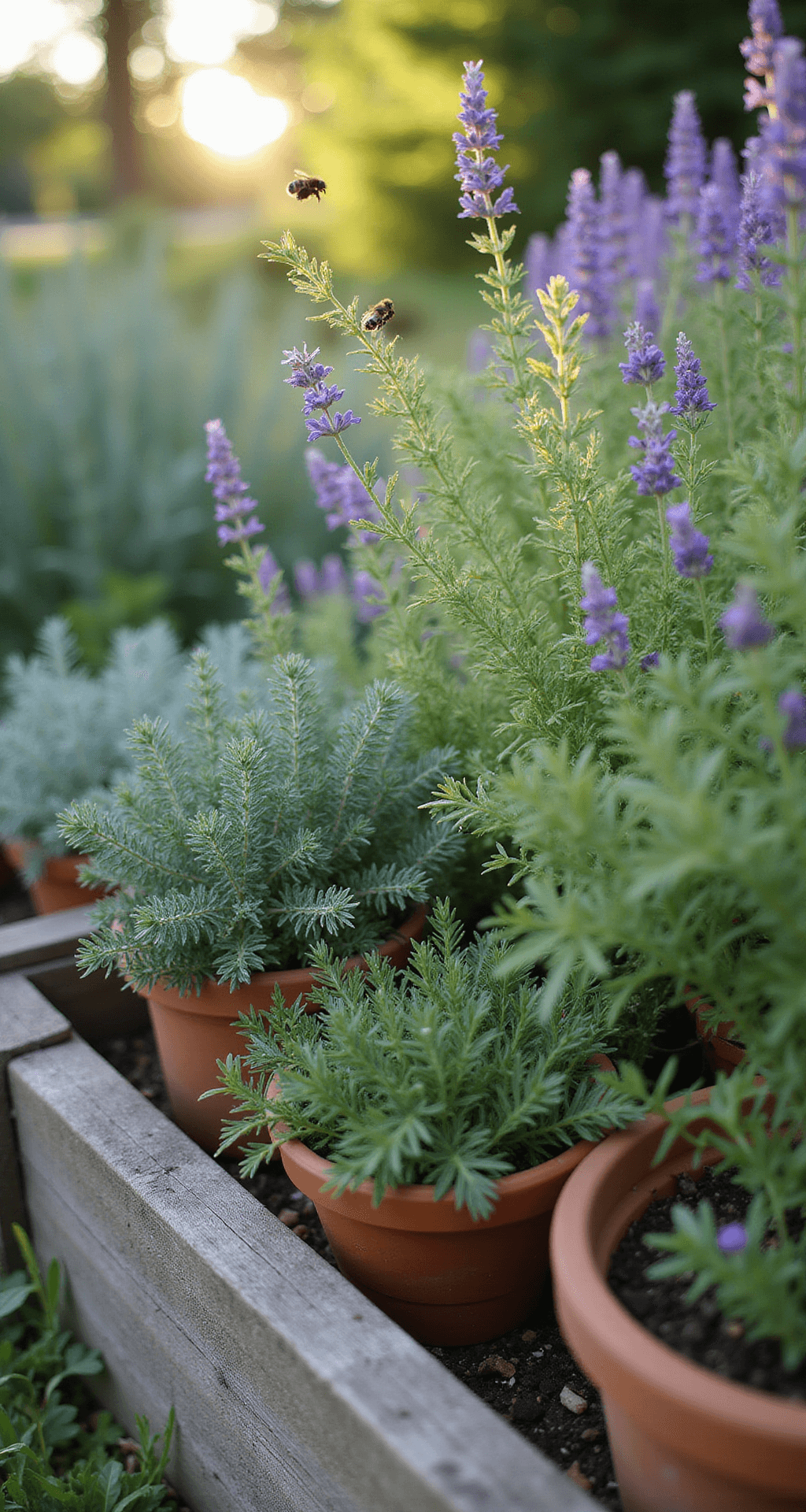 Close-up of a cottage garden herb section in mid-morning light, featuring a raised bed with weathered cedar borders, surrounded by silver-leaved rosemary, sage, and lavender. Terracotta pots are interspersed, with bronze fennel fronds backlit by sunlight. Bumble bees buzz over flowering oregano, surrounded by a color palette of silvery green, deep purple, terracotta, and honey gold, with a shallow depth of field enhancing the botanical details.