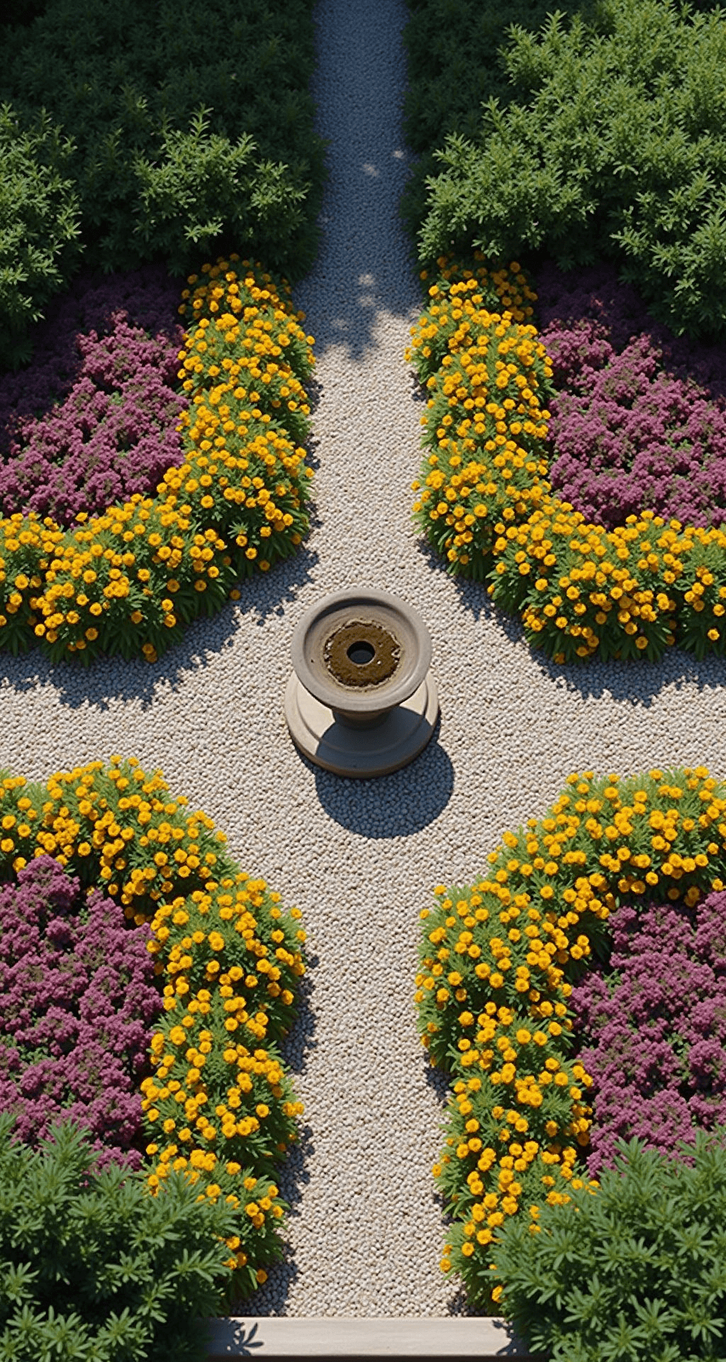 Overhead drone shot of a circular cottage garden with 40ft diameter, featuring gravel paths dividing quadrants, an antique stone birdbath at the center, and radiating beds of echinacea, yarrow, and verbena bonariensis. The garden displays strong directional shadows and a color palette of coral pink, butterscotch yellow, amethyst purple, and gravel grey, showcasing sharp detail in intricate planting patterns.