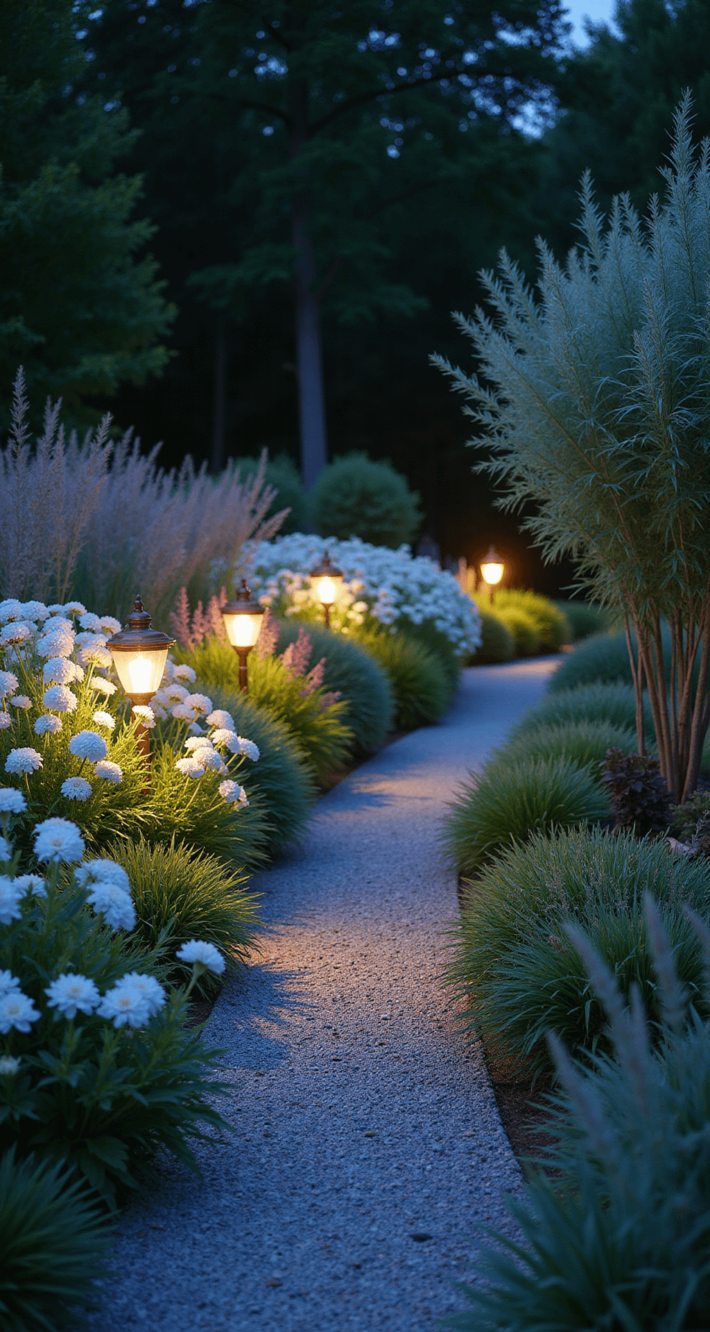 A twilight garden scene featuring a 15ft mixed perennial border illuminated by uplighting, showcasing white phlox and moon flowers, with warm light from copper lanterns on a gravel path, and silver-leaved plants adding shimmer, all captured in a long exposure that highlights movement in the grasses.