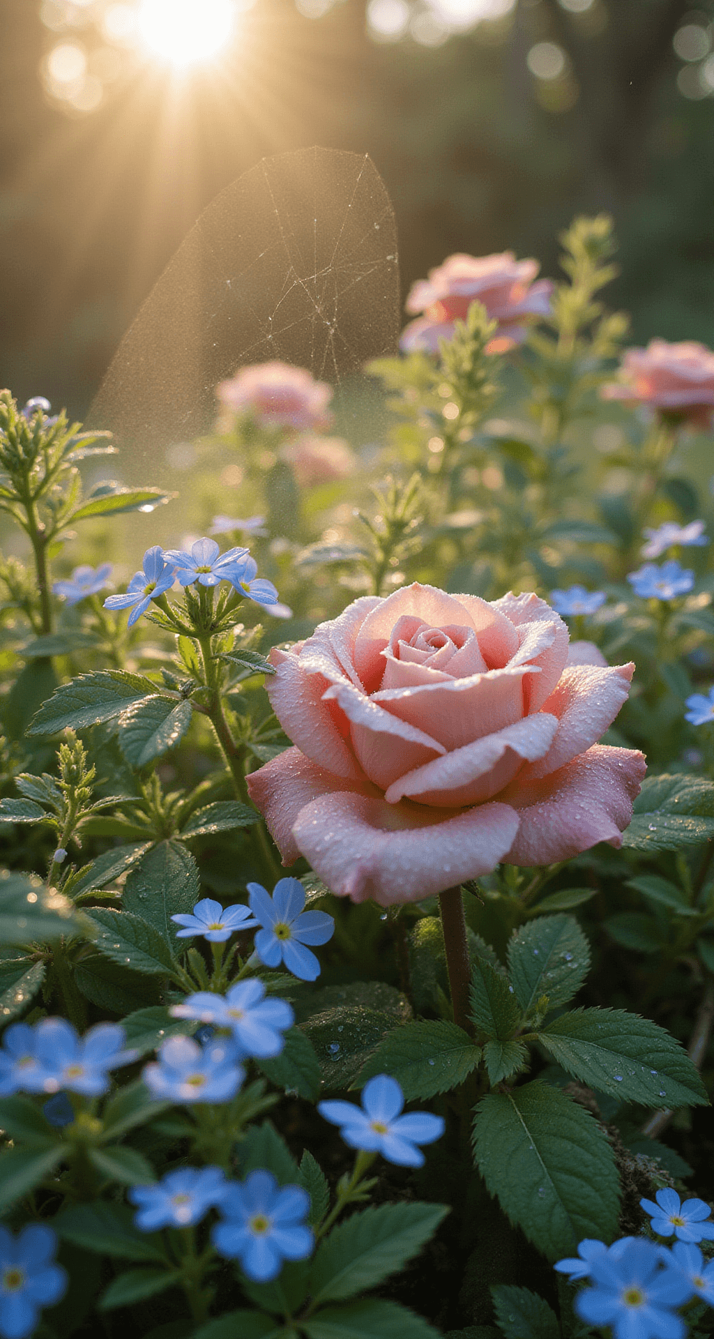 A macro shot capturing a dewy cottage garden vignette in morning light, featuring vintage rose 'Heritage' amidst lady's mantle and forget-me-nots. Water droplets refract sunlight, with soft mist enhancing the atmosphere. Glistening spider webs weave between blooms, showcasing a color palette of shell pink, chartreuse, powder blue, and morning gold, while highlighting the intricate structure of the petals.