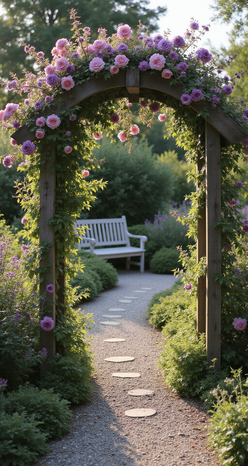 Rustic wooden garden arch covered in climbing roses 'New Dawn' and purple clematis, framed by a gravel path leading to a vintage garden bench, illuminated by warm afternoon sunlight creating dramatic shadows, with a romantic cottage garden style in blush pink, deep violet, weathered grey, and warm stone tones.
