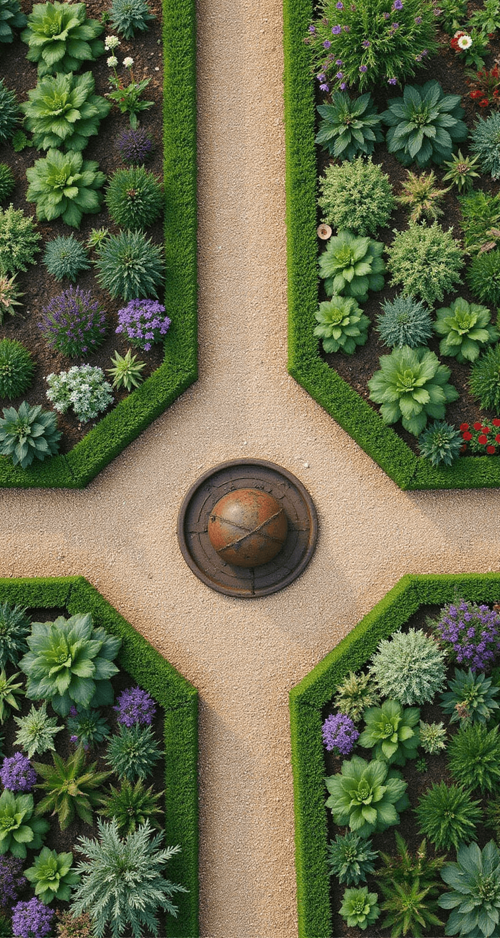 Bird's eye view of a formal potager-style cottage garden featuring geometric beds outlined in clipped boxwood, filled with vegetables and jewel-toned flowers. An aged armillary sphere serves as a central focal point amidst billowing plantings, while gravel paths create strong graphic elements, all bathed in morning light.