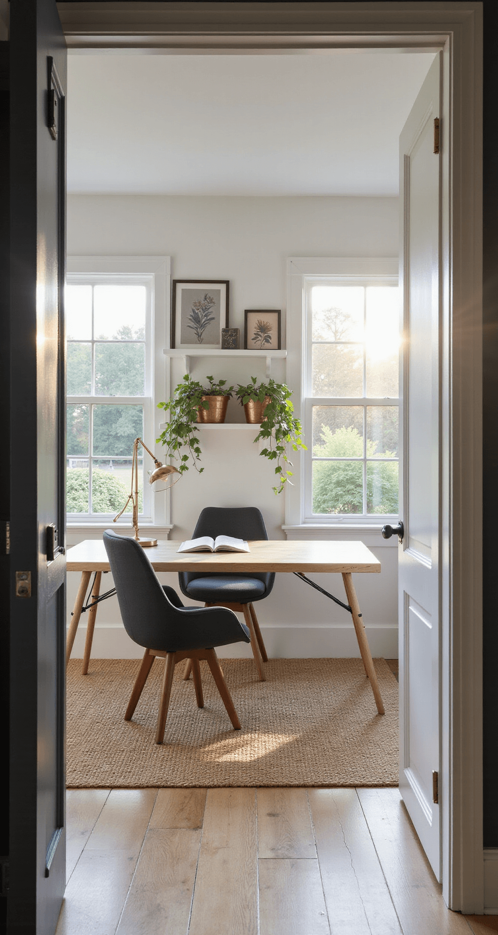 Garden Shed Colors: Transforming Your Backyard Aesthetic A serene home office in a converted garden shed, featuring golden hour light streaming through large windows, a minimalist bleached oak desk, vintage brass lamp, botanical prints, and built-in shelving with ivy planters, all set on light wooden flooring with a jute rug.