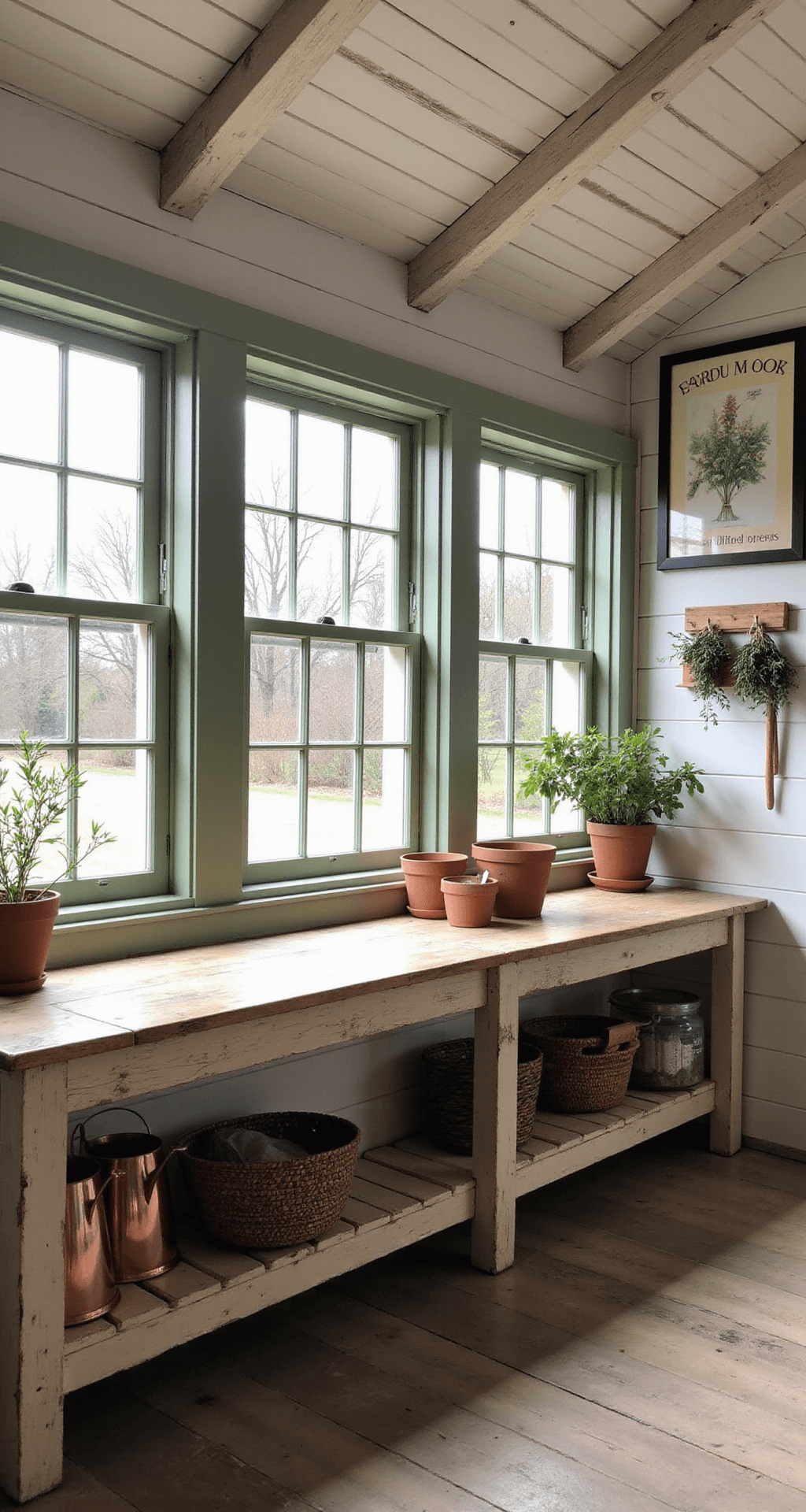 Garden Shed Colors: Transforming Your Backyard Aesthetic Interior of a spacious 8x10ft potting shed with sage green exterior visible through multi-pane windows, featuring a distressed wooden potting bench, terracotta pots, hanging dried herbs, and vintage gardening prints, all illuminated by soft morning light.