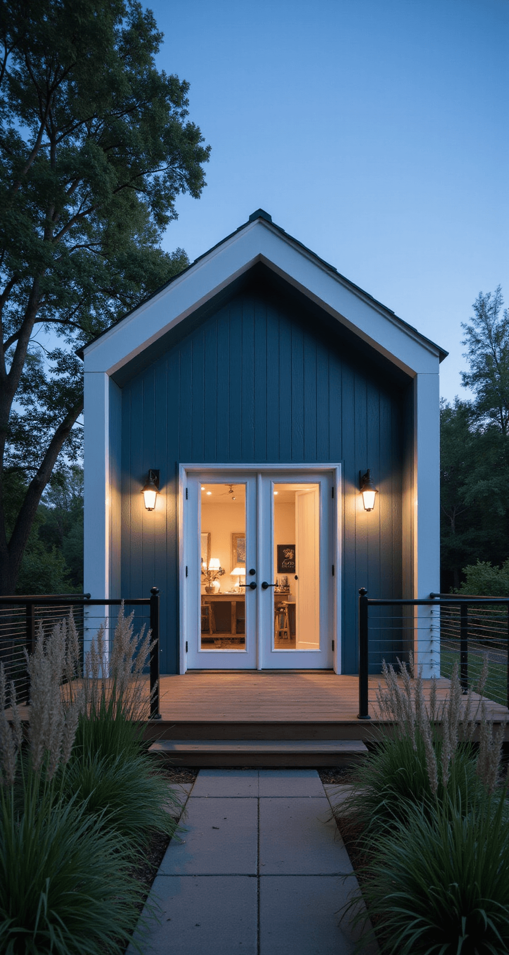 Garden Shed Colors: Transforming Your Backyard Aesthetic A modern artist's studio shed with teal board-and-batten siding and white trim, featuring floor-to-ceiling windows and French doors flanked by black sconces. The floating deck has minimalist railings and is surrounded by native grasses and ornamental trees, captured during blue hour with subtle landscape lighting for a moody, artistic atmosphere.