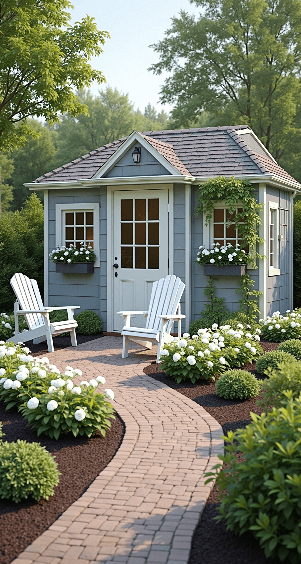Garden Shed Colors: Transforming Your Backyard Aesthetic Coastal-inspired shed with gray-blue siding, white trim, and petunia-filled window boxes, framed by climbing hydrangeas and a curved brick pathway leading to a Dutch door, featuring Adirondack chairs in white, all set in bright morning light.