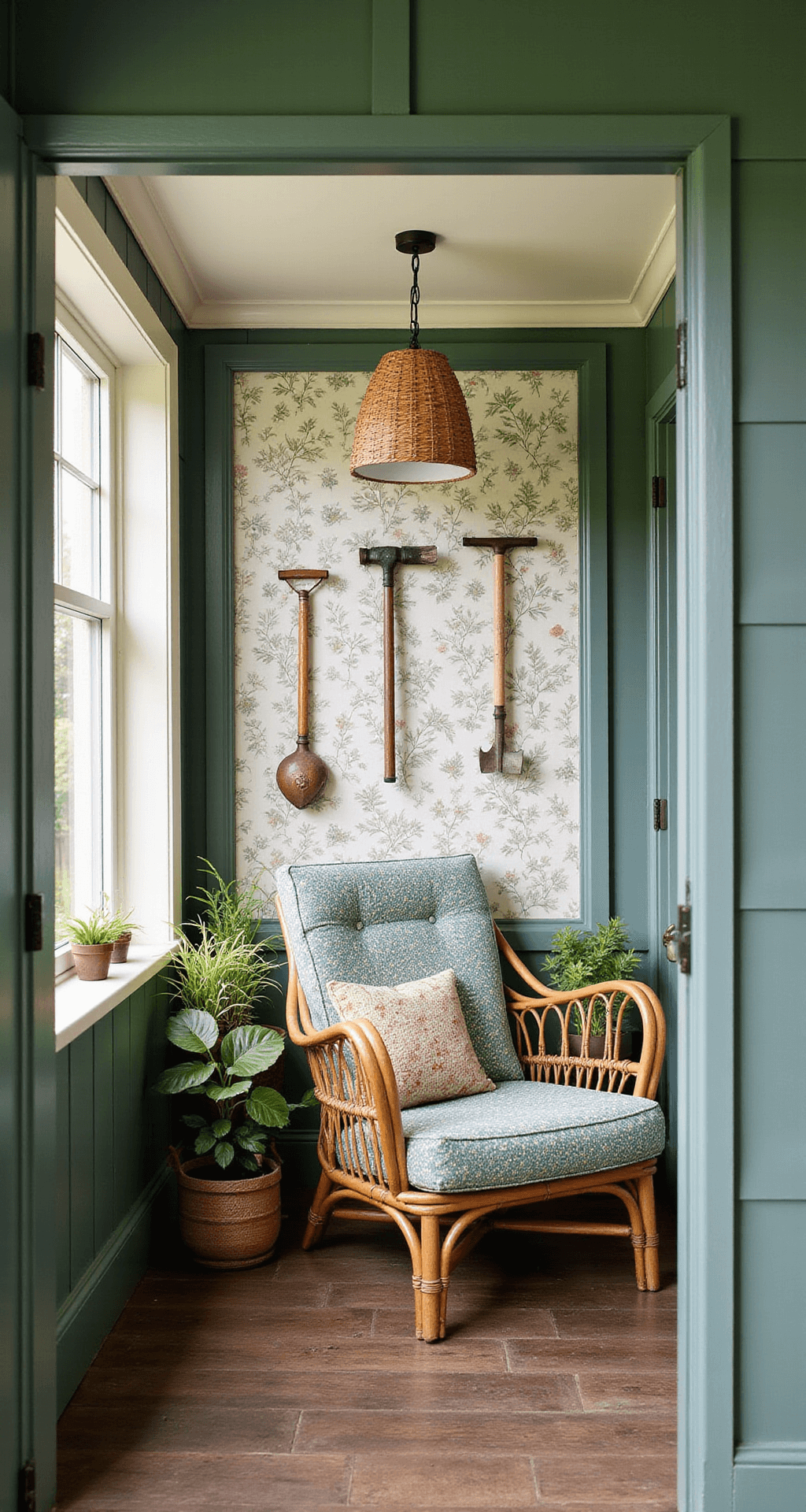 Garden Shed Colors: Transforming Your Backyard Aesthetic Interior of a garden room shed featuring a cozy reading nook with forest green exterior and cream trim visible through the windows. Rattan furniture, botanical wallpaper, vintage garden tools as wall art, and potted ferns and monstera create a warm atmosphere, softly lit by natural light.