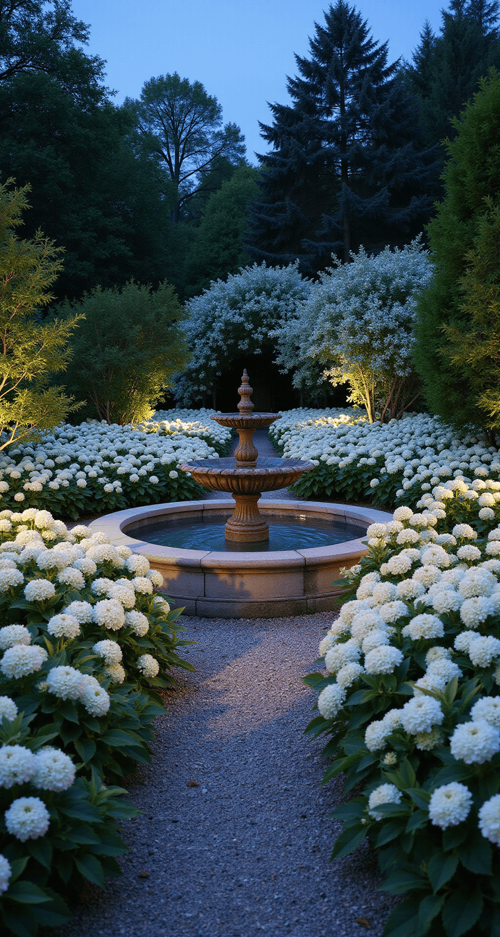 Creating a Magical White Flower Garden: Your Ultimate Design Guide A twilight garden scene at ground level featuring a geometric layout with crushed granite paths, a weathered stone fountain, and blooming 'Annabelle' hydrangeas, illuminated by soft landscape lighting, with silver-leafed artemisia and a cool blue dusk sky reflecting in the water feature, shot at f/2.8 to highlight the textural layers of the plants.