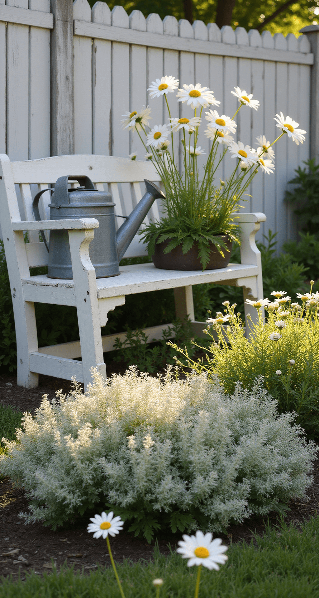 Creating a Magical White Flower Garden: Your Ultimate Design Guide Intimate cottage garden scene at golden hour featuring a 8'x10' bed with 'Diamond Frost' euphorbia and white cosmos, a vintage zinc watering can, and a white painted garden bench, all illuminated by soft backlight.