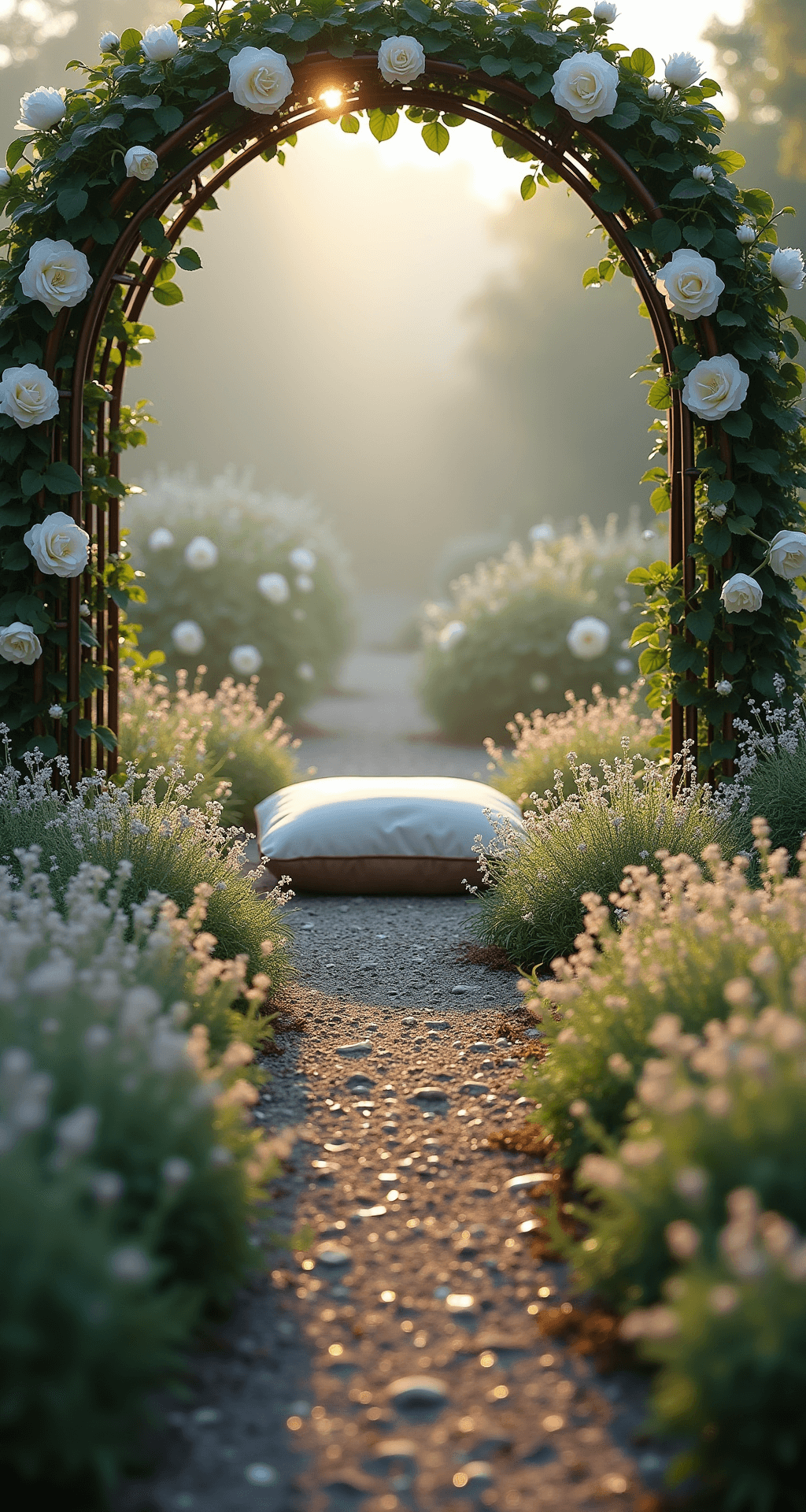Creating a Magical White Flower Garden: Your Ultimate Design Guide A serene dawn garden meditation space featuring a circular room enclosed by white climbing roses on copper arches, with morning mist filtering the early light. A central meditation cushion is surrounded by white lavender and verbena ground cover, with crystal dewdrops on the petals, all captured from the entrance viewpoint with an intimate, ethereal quality.