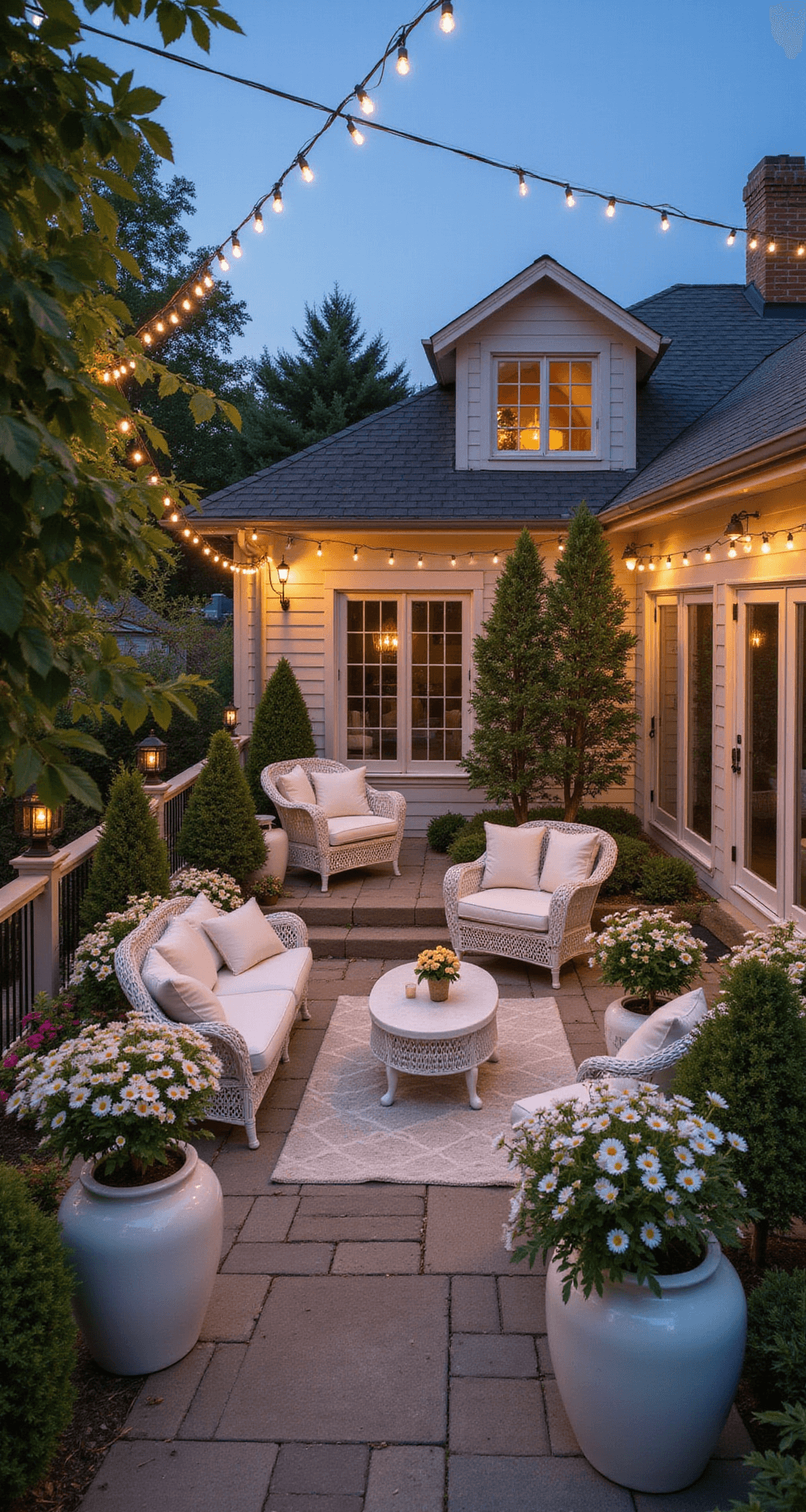 Creating a Magical White Flower Garden: Your Ultimate Design Guide A multi-level terrace garden in the evening, featuring white wicker furniture on an outdoor rug, surrounded by cascading white petunias and lobelia in large ceramic planters. String lights criss-cross overhead, and candle lanterns add warm ambient lighting, all viewed from a slightly elevated corner angle.