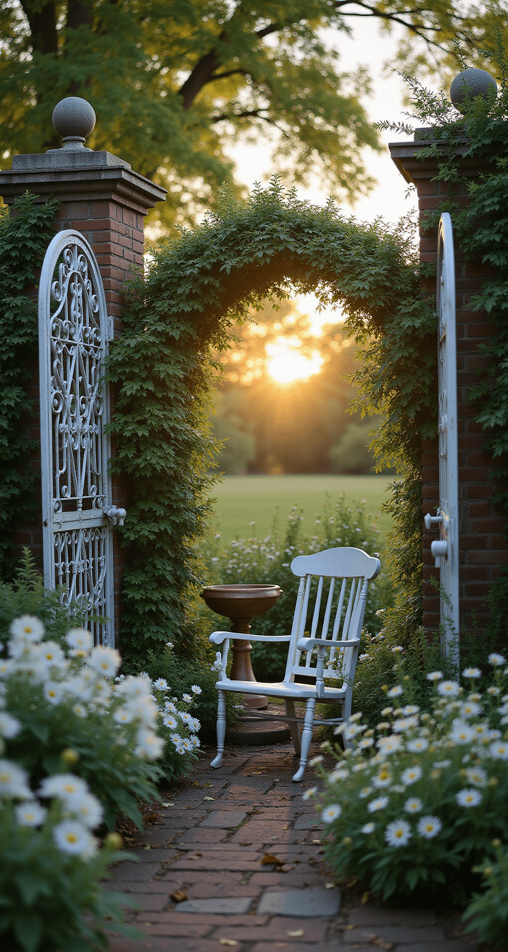 Creating a Magical White Flower Garden: Your Ultimate Design Guide An intimate garden nook at sunset, framed by an antique iron gate draped in white clematis. A vintage white chair is surrounded by white foxgloves and shasta daisies, while a copper bird bath catches the golden light. The scene is softened by dappled evening light, creating a magical atmosphere.