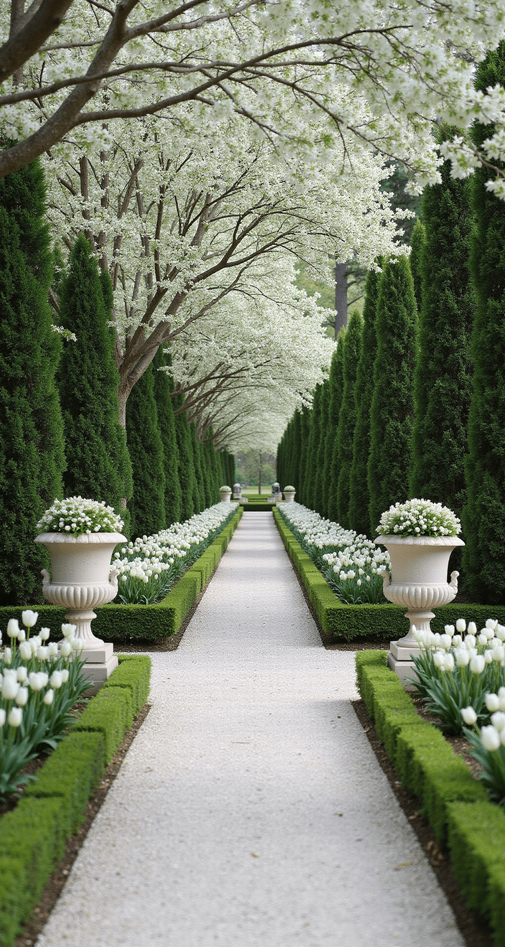 Creating a Magical White Flower Garden: Your Ultimate Design Guide A long formal garden corridor featuring a white gravel path flanked by neatly trimmed boxwood hedges, with white flowering dogwood trees overhead and white tulips and lily of the valley covering the ground, enhanced by classical stone urns with white flowering tobacco, viewed from a low perspective.
