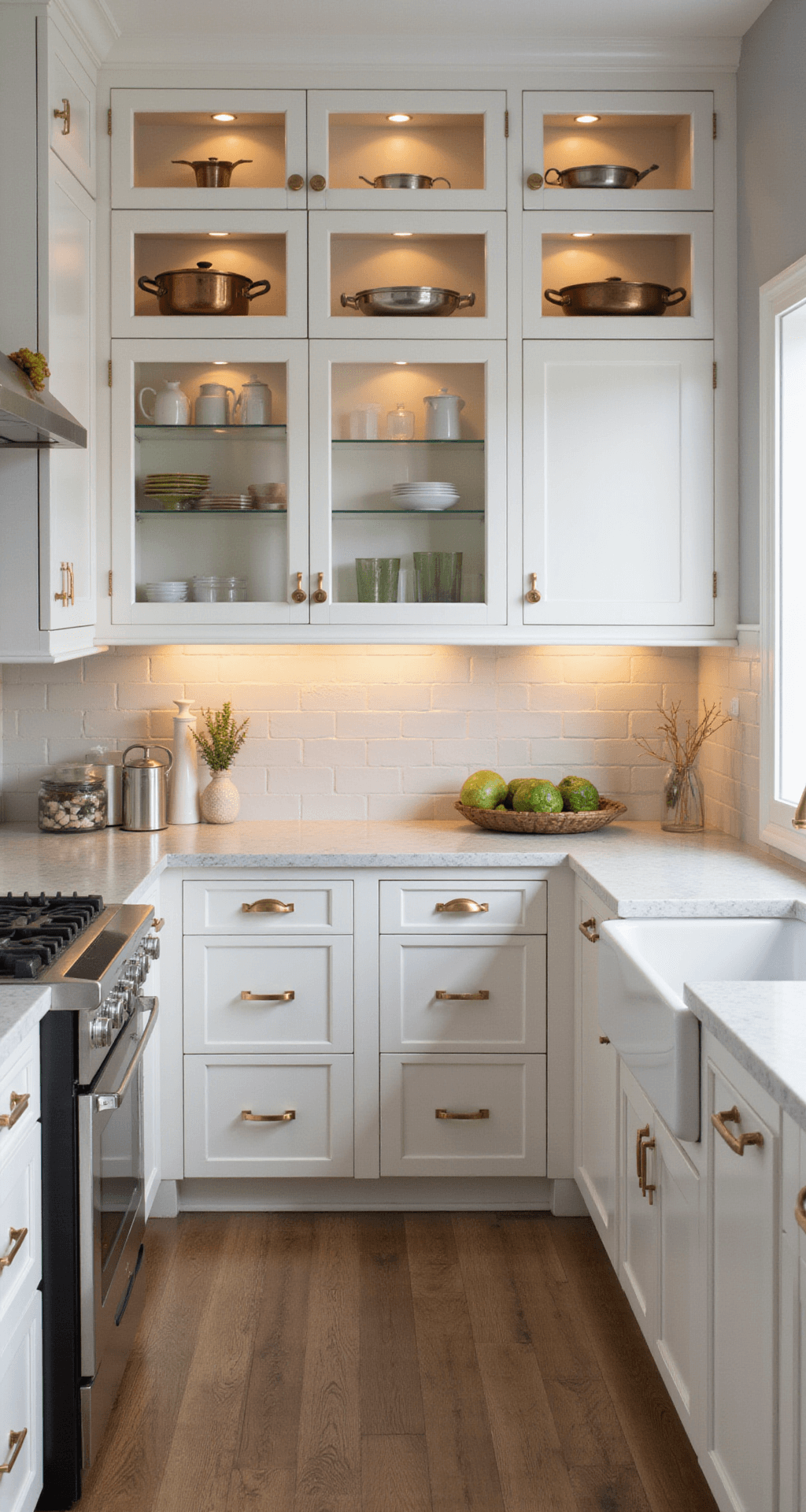 What to Do With the Space Above Kitchen Cabinets: Creative Solutions for Every Home Bright, airy kitchen with custom white shaker cabinets, glass-front upper sections, quartz countertops, and brass hardware, illuminated by warm LED lighting during golden hour.