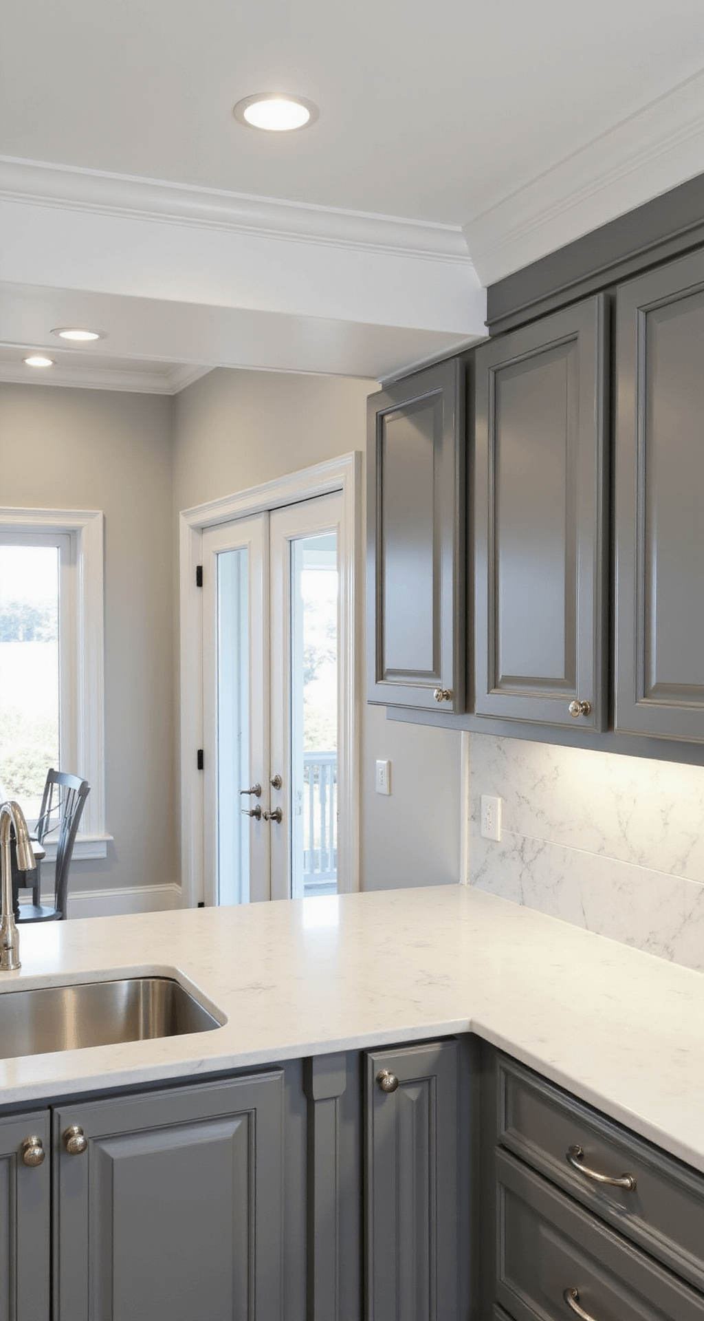 What to Do With the Space Above Kitchen Cabinets: Creative Solutions for Every Home Elegant transitional kitchen featuring a dove gray cabinetry with a white soffit that includes crown molding and integrated LED strip lighting, showcasing a marble backsplash, soft diffused lighting, and French doors in the background.