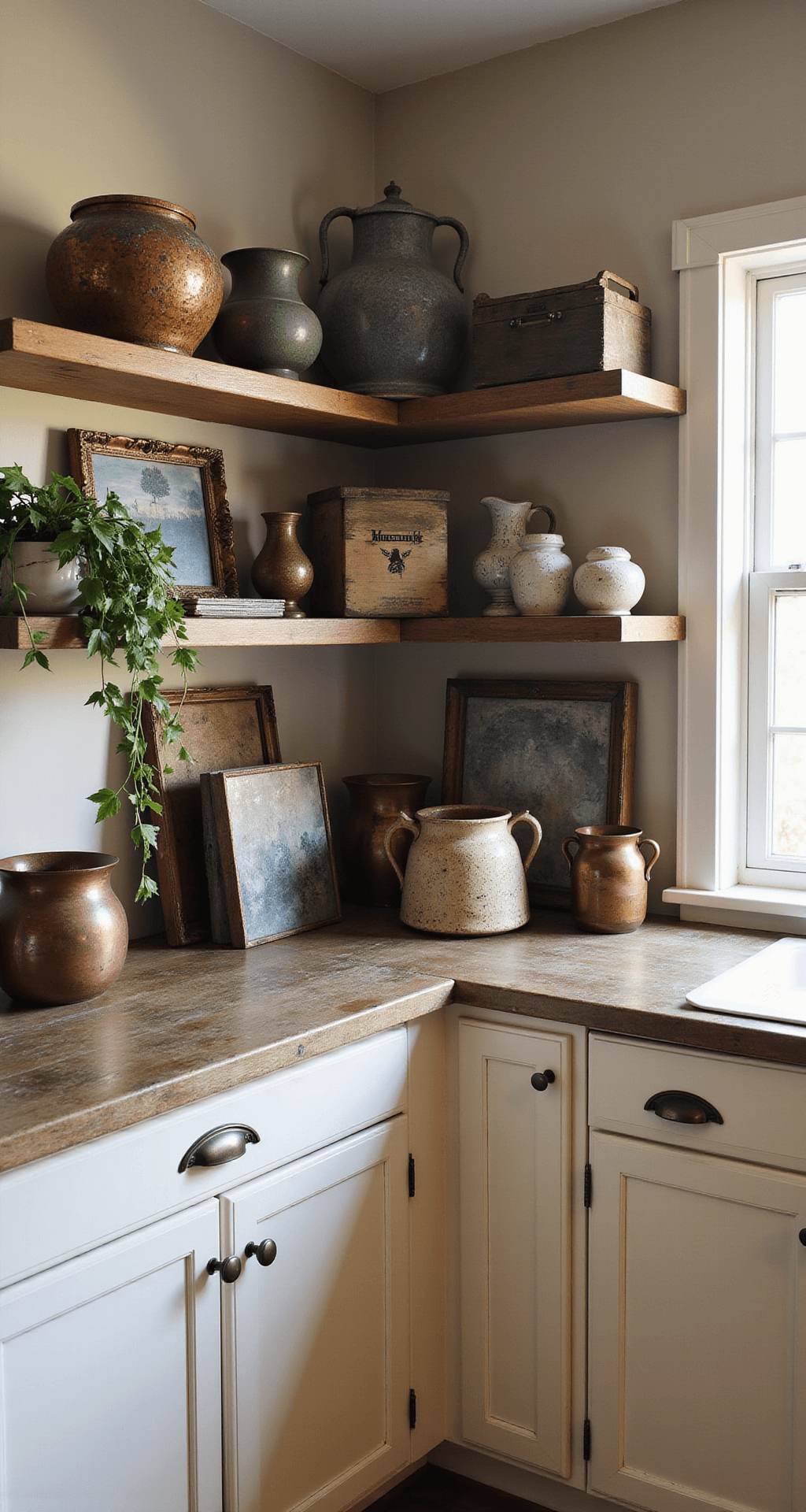 What to Do With the Space Above Kitchen Cabinets: Creative Solutions for Every Home A corner view of a farmhouse kitchen at dusk, showcasing arranged vintage ceramics, architectural salvage, and copper vessels atop cream cabinets, with trailing pothos adding height. The scene is bathed in warm light, highlighting textures and patina against a 16ft wall.