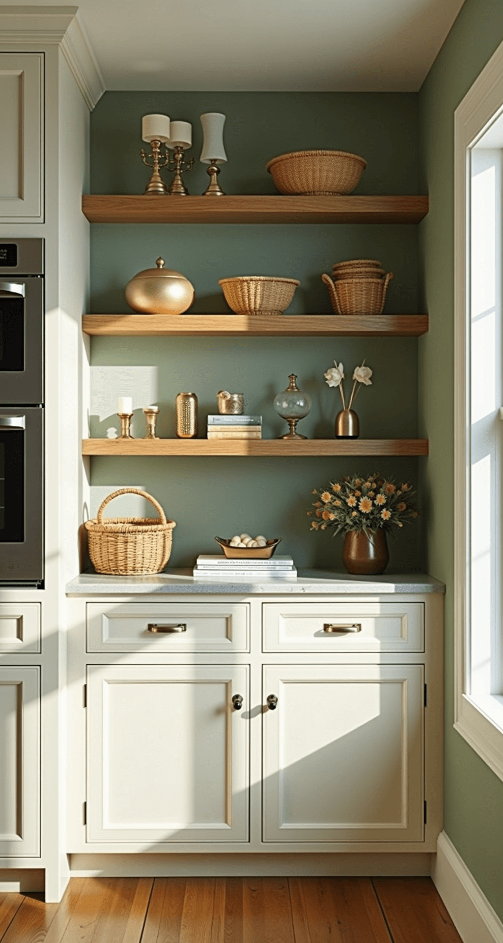 What to Do With the Space Above Kitchen Cabinets: Creative Solutions for Every Home A transitional kitchen featuring cream cabinets and sage green walls, illuminated by morning light. Floating shelves display a mix of closed storage boxes, vintage books, and polished brass objects, complemented by natural rattan baskets for added texture. The shot is taken at eye level with a soft focus.