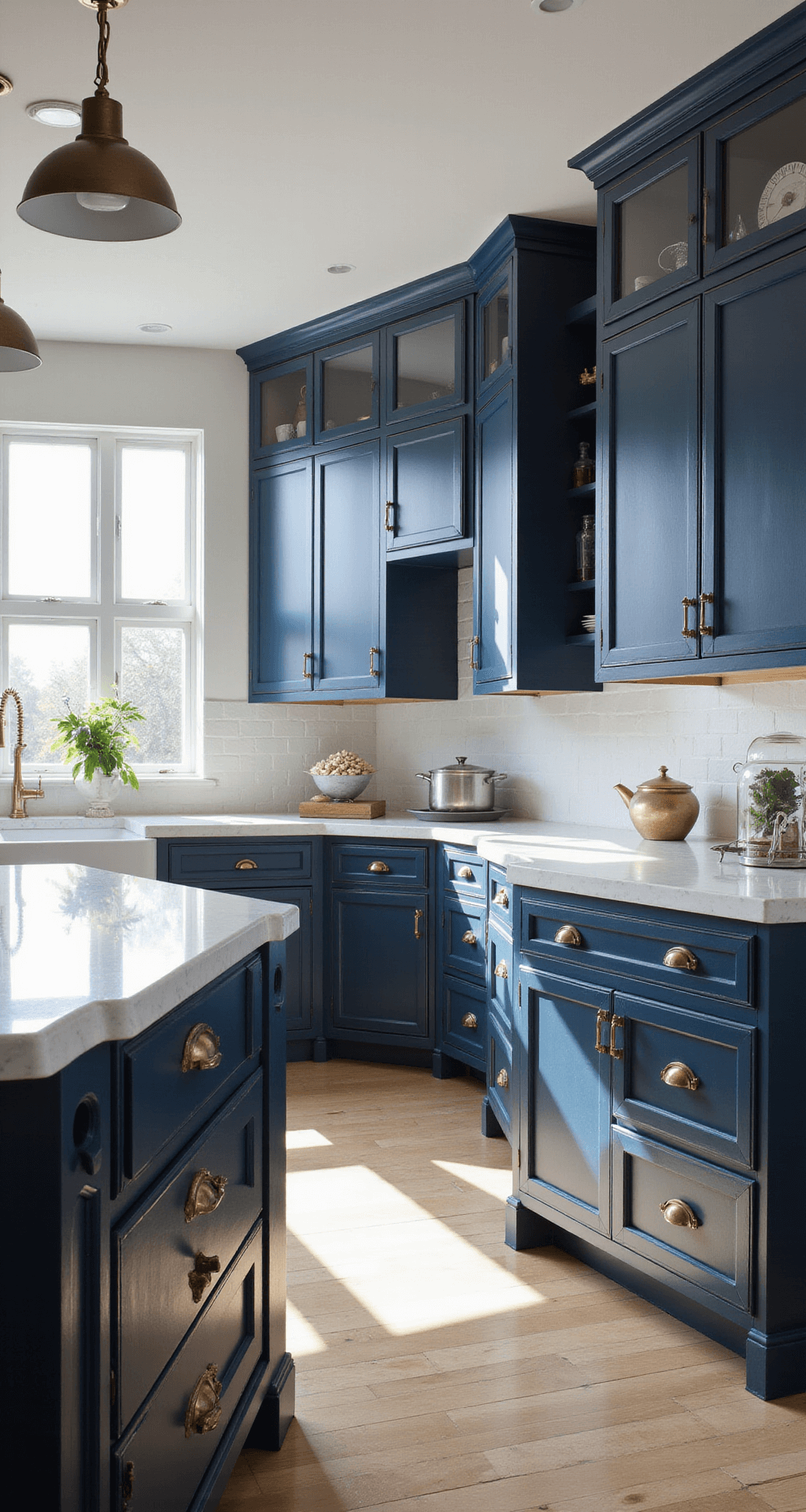 Kitchen Cabinets: Your Ultimate Guide to Choosing the Perfect Storage Solution A contemporary kitchen measuring 12x15ft, featuring deep navy blue custom solid wood base cabinets, white quartz countertops, and a large island with waterfall edges, all bathed in morning sunlight from floor-to-ceiling windows.
