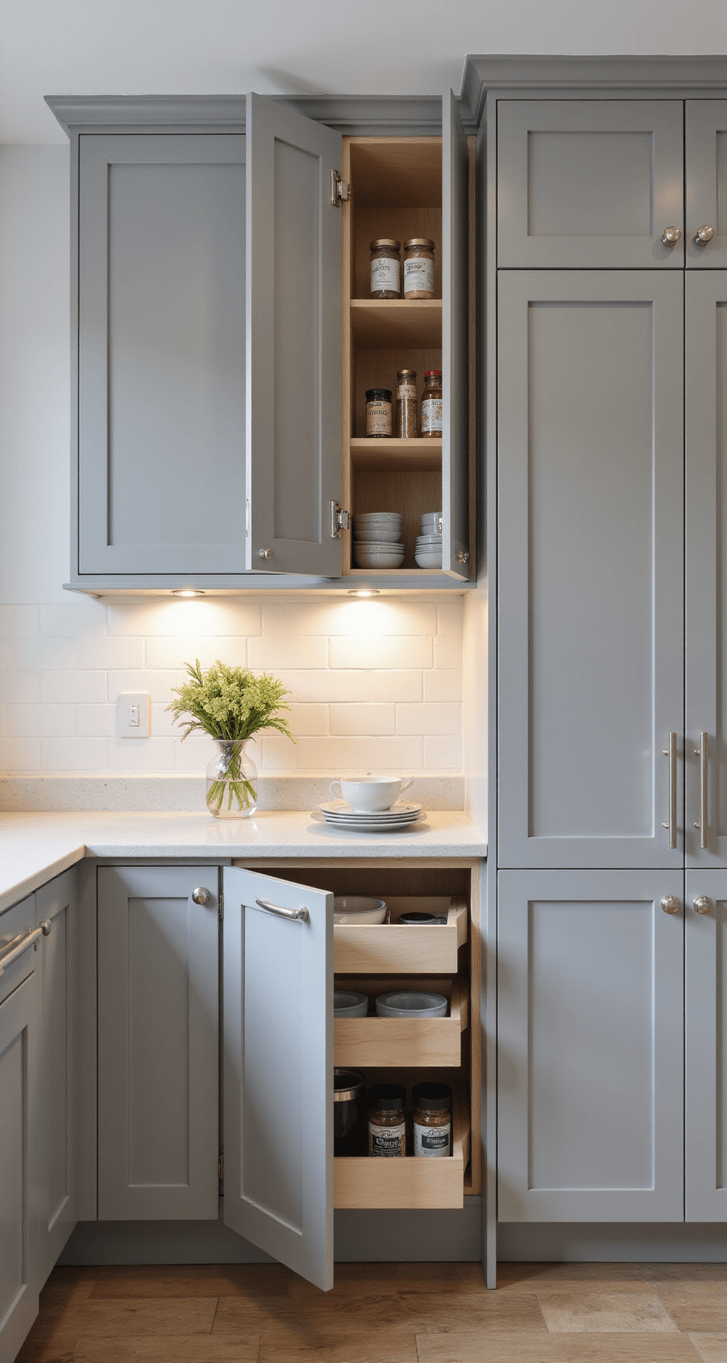 Kitchen Cabinets: Your Ultimate Guide to Choosing the Perfect Storage Solution A compact urban kitchen measuring 9x11ft, illuminated by morning light, features glossy light gray RTA cabinets with innovative storage solutions like pull-out spice racks and waste bins, along with floor-to-ceiling pantry cabinets. The image is shot from a counter-height perspective, emphasizing vertical lines and showcasing under-cabinet LED lighting that highlights the cabinet finishes.