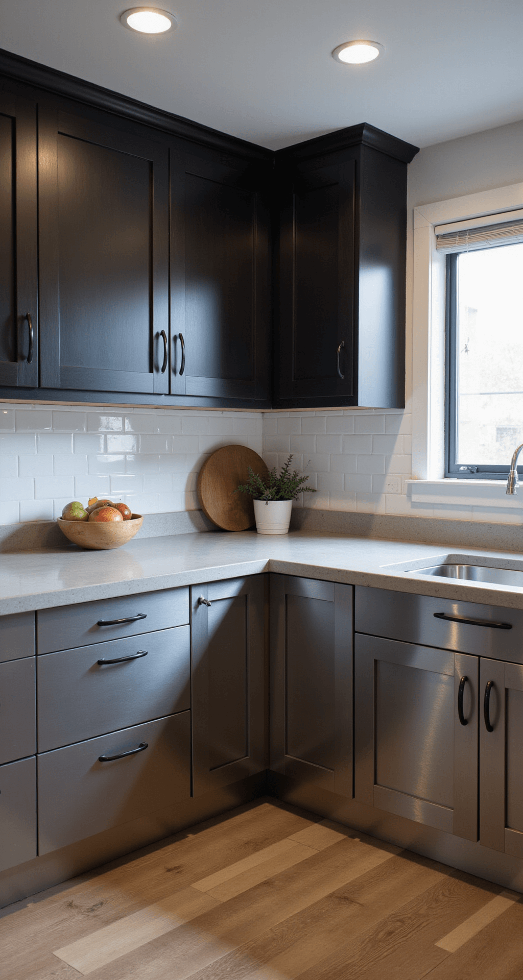 Kitchen Cabinets: Your Ultimate Guide to Choosing the Perfect Storage Solution Industrial-style kitchen featuring stainless steel lower cabinets and concrete countertops, black engineered wood upper cabinets, and smart storage solutions, captured from a diagonal corner with natural light and track lighting emphasizing metal surfaces.