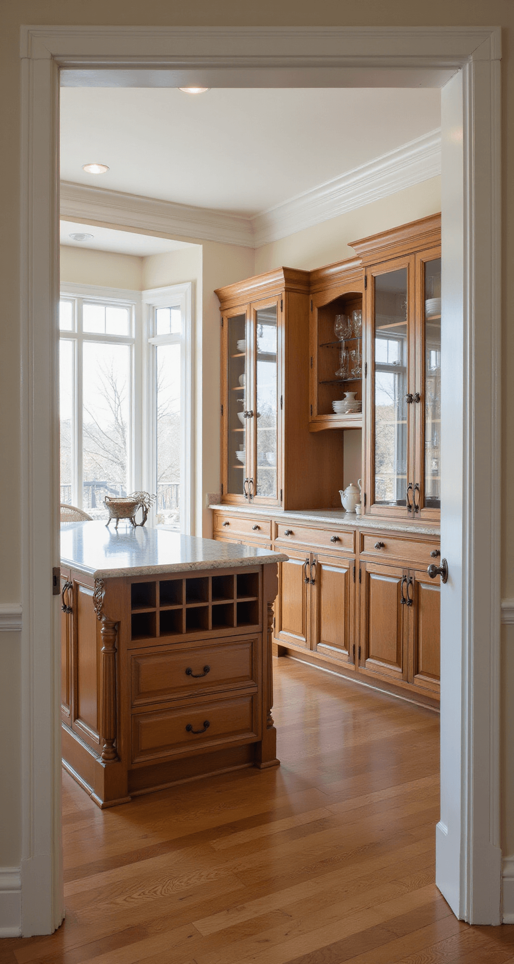 Kitchen Cabinets: Your Ultimate Guide to Choosing the Perfect Storage Solution A wide-angle view of a traditional kitchen featuring custom maple cabinets with crown molding, an island with furniture-style legs and wine storage, and glass-front display cabinets flanking a large window, all illuminated by soft afternoon light.