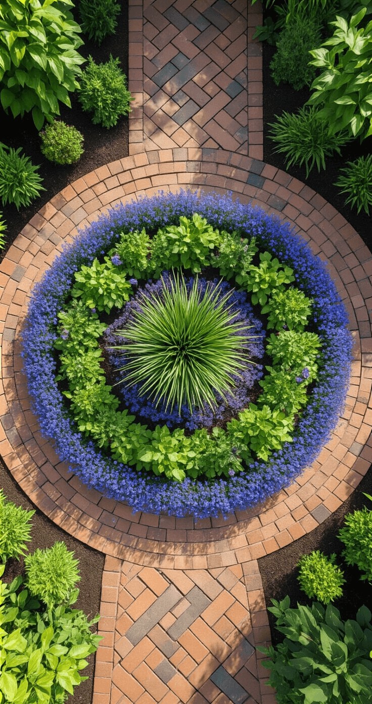 Small Garden Borders: Transform Your Tiny Outdoor Space with Style and Creativity Overhead drone shot of a circular garden with a 10ft diameter, featuring concentric rings of blue star creeper, mixed height perennials, and ornamental grass at the center, bordered by herringbone-patterned brick pavers, showcasing rich earth tones alongside vibrant greens and purple blooms in an organized and artistic arrangement.