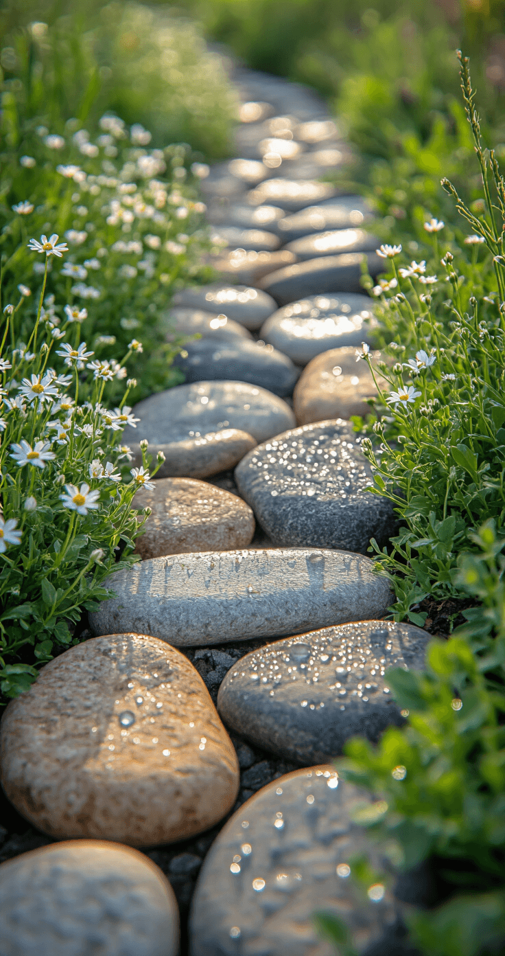 Small Garden Borders: Transform Your Tiny Outdoor Space with Style and Creativity Close-up shot of a natural river rock border with smooth, multi-colored stones and wildflowers, featuring dewdrops on alyssum and creeping thyme, emphasizing texture and morning freshness.