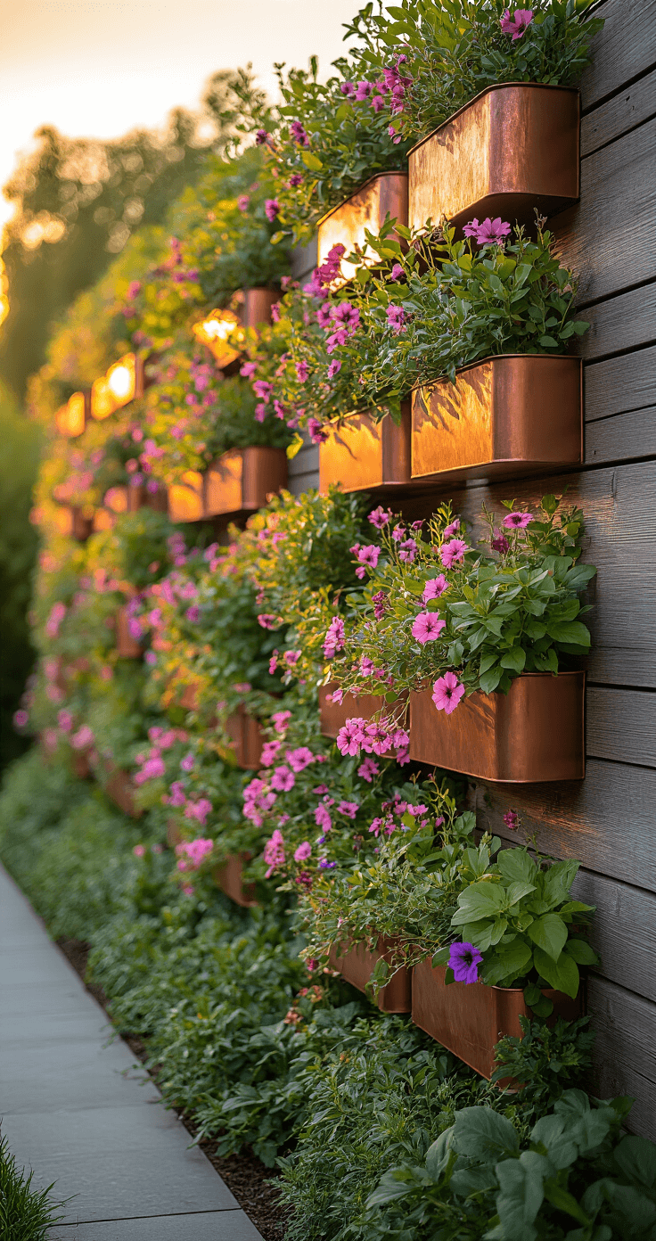 Small Garden Borders: Transform Your Tiny Outdoor Space with Style and Creativity Worm's eye view of a tiered vertical garden at sunset, featuring copper wall-mounted planters with cascading pink and purple flowers, set against a weathered wood backdrop with copper patina details.