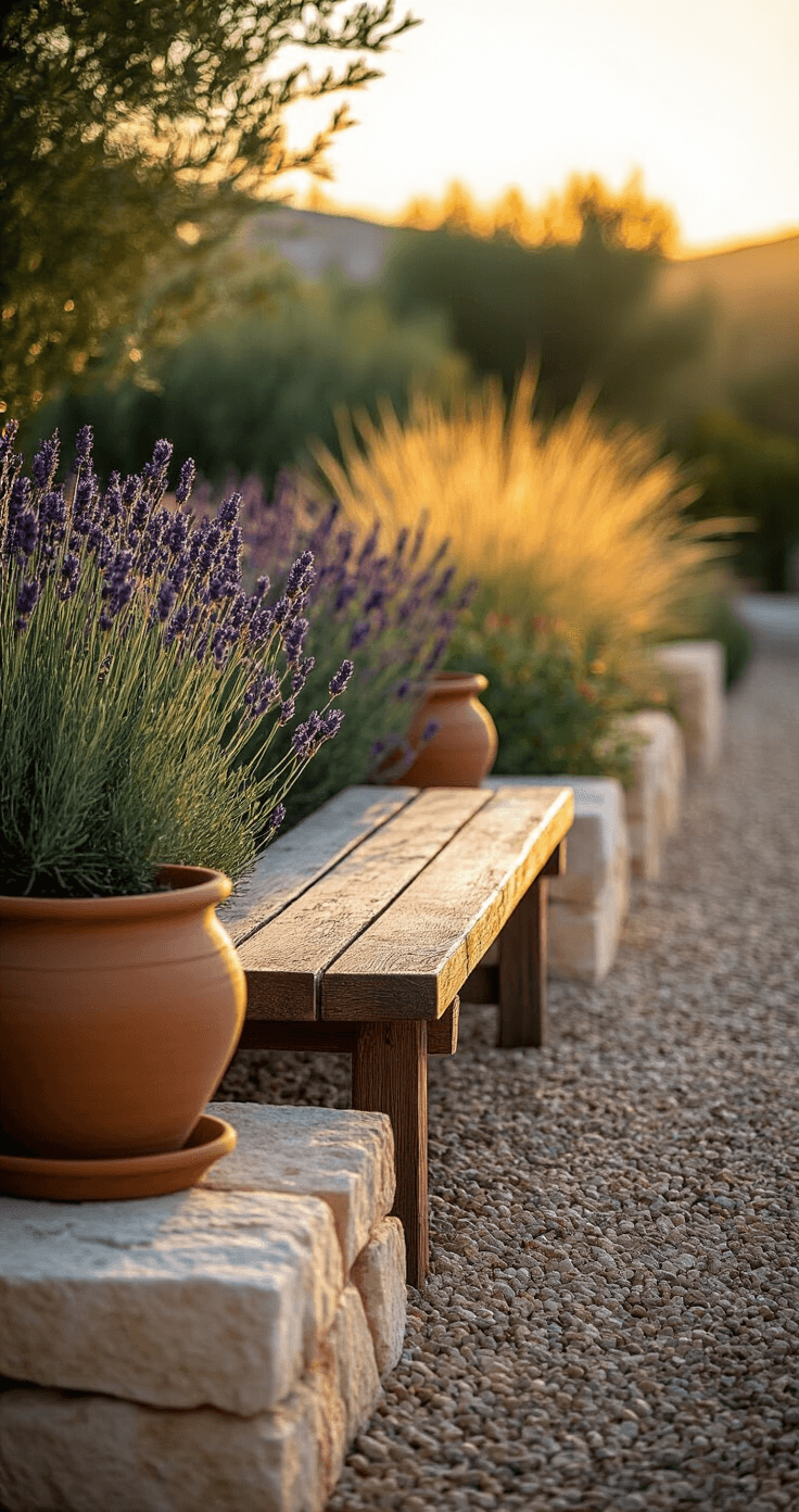 Small Garden Borders: Transform Your Tiny Outdoor Space with Style and Creativity Side-angle golden hour view of a Mediterranean-style border featuring terracotta pots, limestone blocks, and gravel with drought-resistant plants like lavender and rosemary, illuminated by warm light. A rustic wooden bench serves as the focal point in this inviting setting, captured with a shallow depth of field for textured detail.