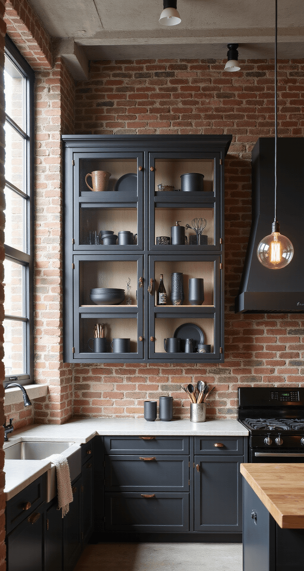 Glass Kitchen Cabinets: Your Ultimate Style & Functionality Guide Industrial modern loft kitchen featuring exposed brick walls, 11ft concrete ceilings, clear glass upper cabinets with black metal frames, and matte black dinnerware with copper accents, illuminated by a mix of natural light and Edison bulb pendants.