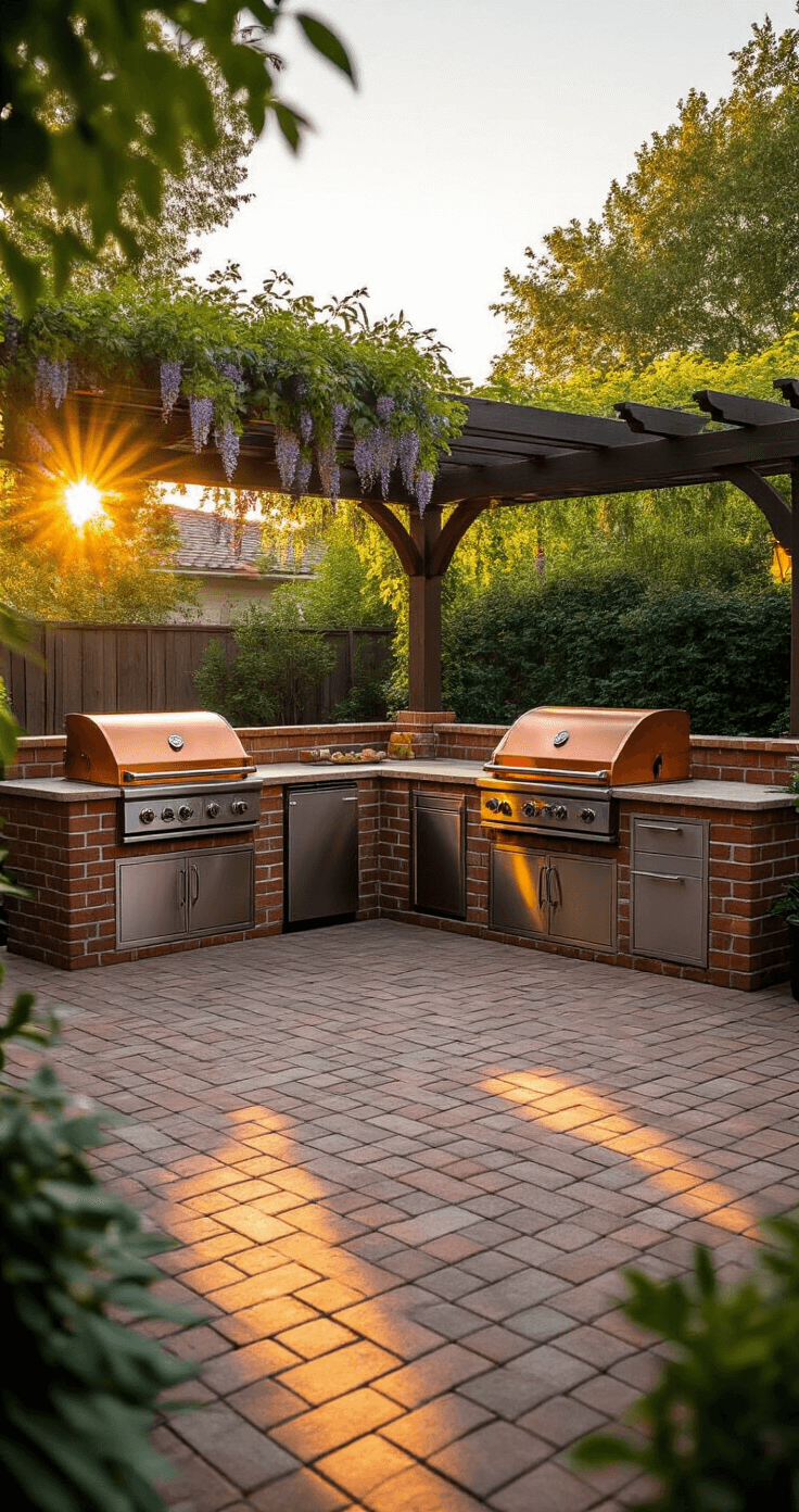 Build the Ultimate Brick BBQ Area: Your Backyard's Best Upgrade Wide-angle view of a luxurious backyard patio featuring a custom L-shaped brick BBQ station with natural stone countertops, illuminated by warm sunlight at golden hour. The scene showcases tumbled brick pavers, a pergola draped with climbing wisteria, and gleaming stainless steel grill inserts, with integrated LED lighting starting to twinkle.