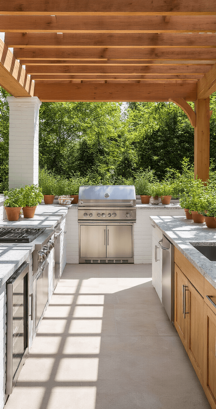 Build the Ultimate Brick BBQ Area: Your Backyard's Best Upgrade Elevated view of a stylish outdoor kitchen featuring a white brick BBQ island with polished granite countertops under a cedar pergola, equipped with built-in refrigerator drawers, storage cabinets, and a prep sink, accented by potted herbs and dappled natural light creating shadow patterns.