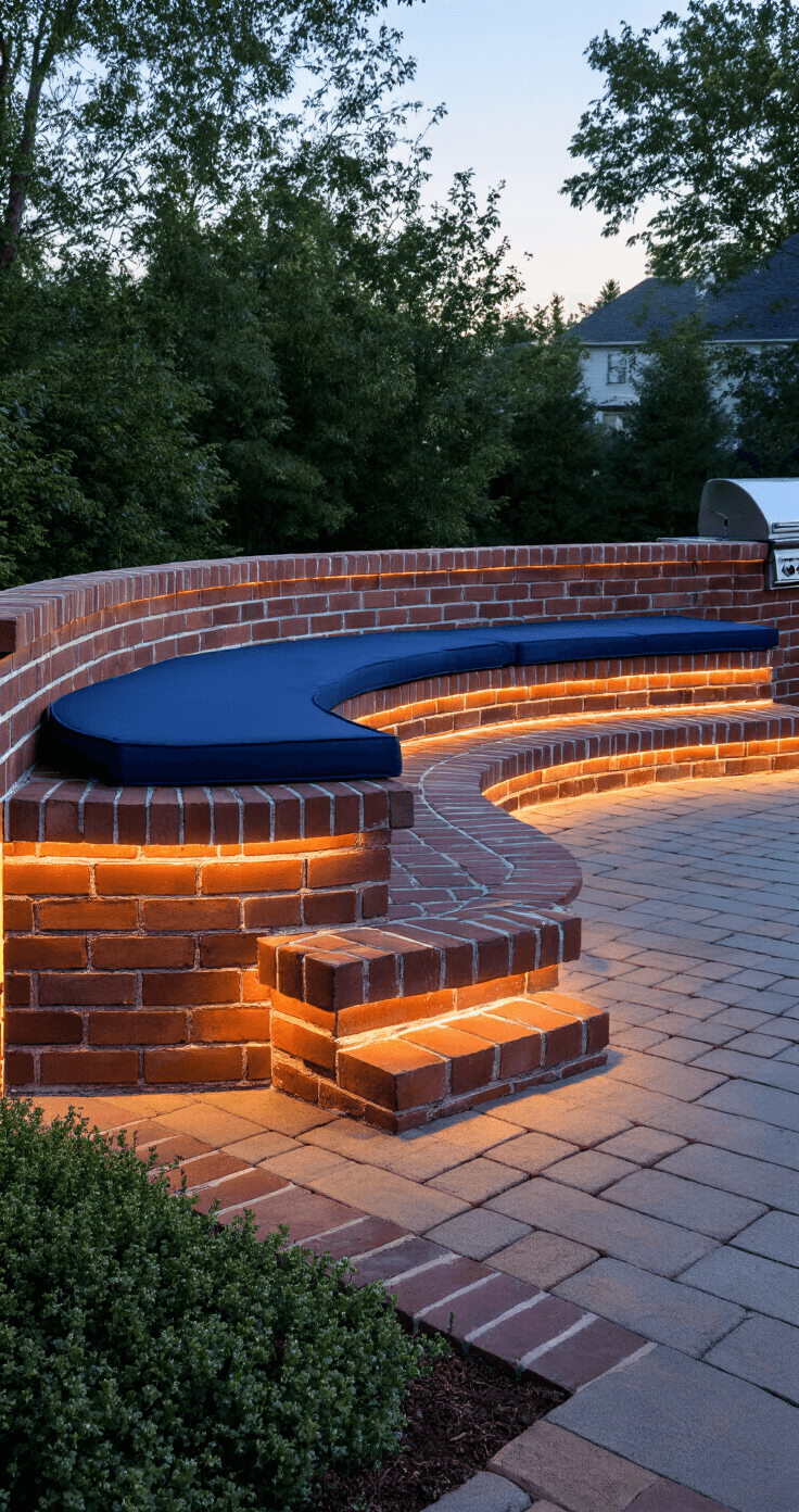 Build the Ultimate Brick BBQ Area: Your Backyard's Best Upgrade A close-up of a curved brick BBQ seating area at twilight, featuring a custom 12' radius bench with navy blue weatherproof cushions, illuminated by integrated LED strip lighting on brick steps, accented with decorative soldier course brick trim and creeping thyme between pavers, with a softly blurred main BBQ station in the background.