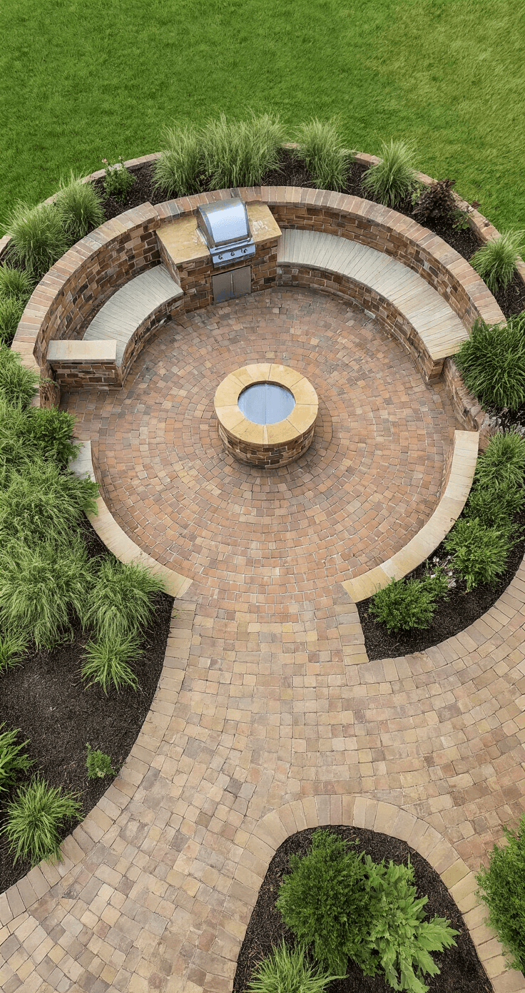 Build the Ultimate Brick BBQ Area: Your Backyard's Best Upgrade Bird's eye view of a 30'x40' BBQ entertainment zone featuring a circular brick patio with a BBQ station, radiating brick patterns leading to curved seating walls, and overflowing planters with ornamental grasses, framed by natural stone borders.