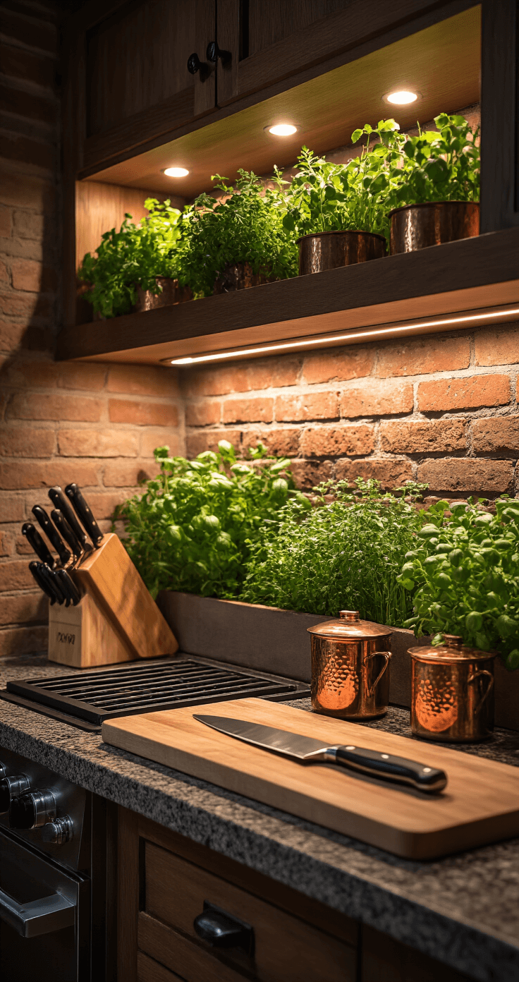 Build the Ultimate Brick BBQ Area: Your Backyard's Best Upgrade Intimate evening scene of a brick BBQ prep area, featuring a granite workspace illuminated by under-cabinet lighting, with a professional knife block and wooden cutting boards artistically arranged alongside copper accessories, set against a living herb garden wall, creating a warm and inviting atmosphere.