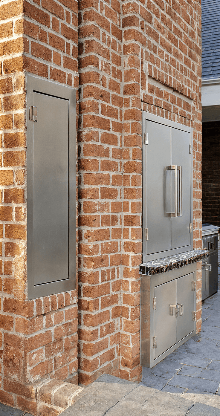 Build the Ultimate Brick BBQ Area: Your Backyard's Best Upgrade Close-up of a brick BBQ facade featuring an intricate herringbone pattern with soldier course borders, illuminated by morning light. Stainless steel access doors reflect sunlight, and dewdrops highlight the brick texture. The color palette includes warm brick tones and steel blue shadows.