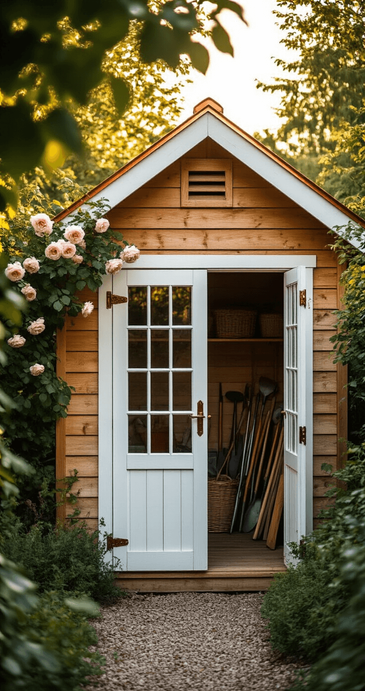 Small Garden Shed: Your Ultimate Space-Saving Storage Solution A charming wooden garden shed with weathered cedar planks and white trim, surrounded by climbing roses in a cottage garden during golden hour, featuring open French doors that reveal organized tools inside, captured from ground level with dappled sunlight and soft natural lighting.