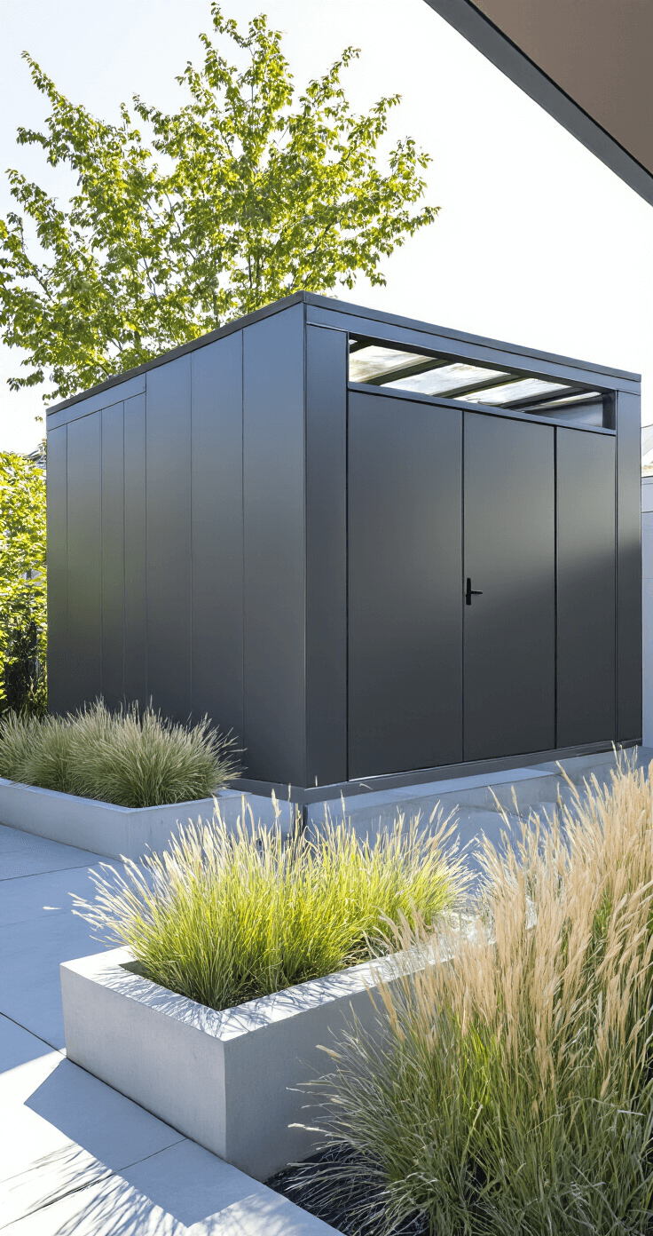 Small Garden Shed: Your Ultimate Space-Saving Storage Solution A high-angle view of a modern metal shed in a minimalist urban patio, featuring sleek graphite-colored panels and surrounded by contemporary concrete planters with architectural grasses, captured in direct midday sunlight with dramatic shadows and a glass panel roof for internal illumination.