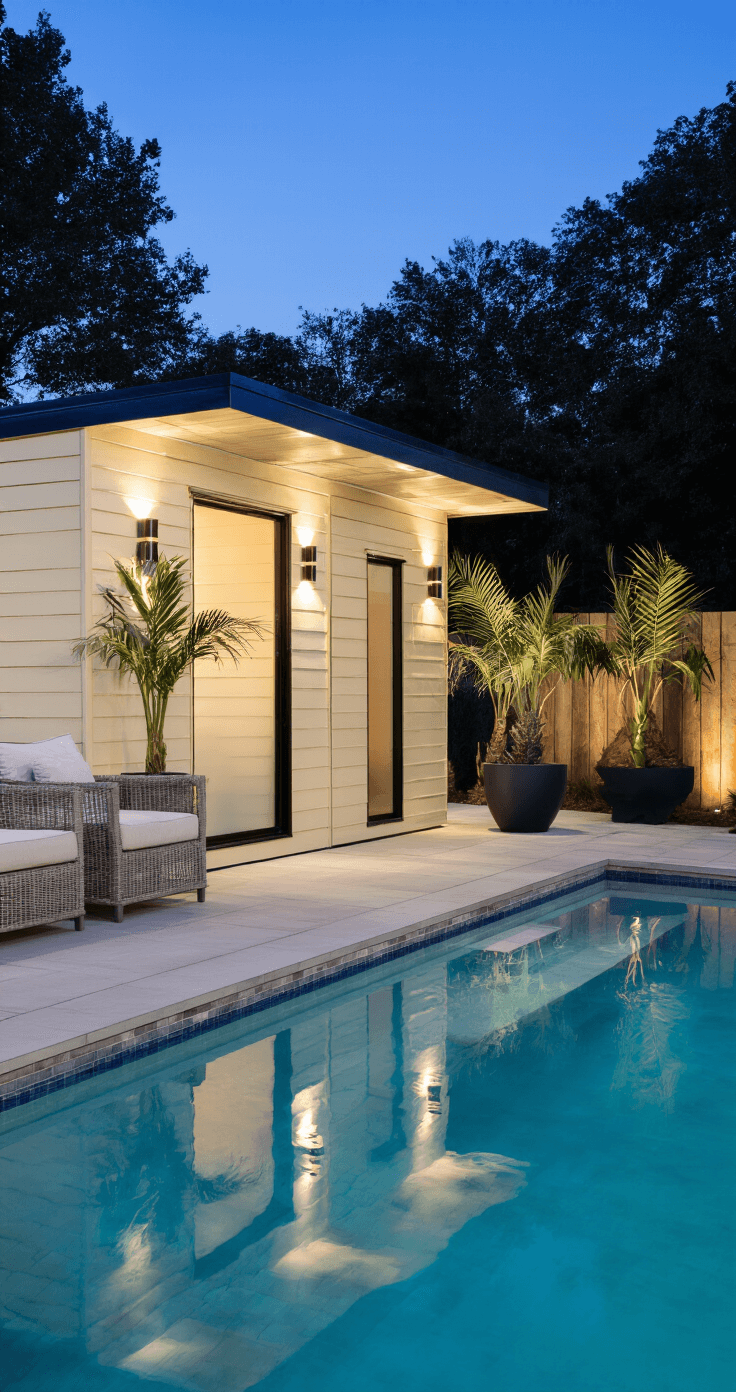 Small Garden Shed: Your Ultimate Space-Saving Storage Solution A low-angle shot of a cream-colored resin garden shed with wood-grain texture positioned beside a contemporary pool area, illuminated by dramatic uplighting from LED landscape lighting. The soft glow from frosted windows and the atmospheric twilight sky in blue tones complement modern pool furniture and potted palms framing the scene.