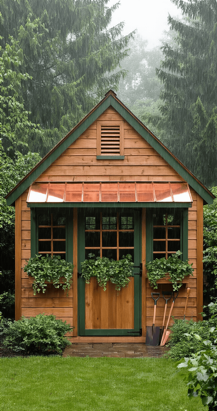 Small Garden Shed: Your Ultimate Space-Saving Storage Solution Traditional wooden shed in an English country garden, featuring a rich cedar stain and hunter green trim, copper gutters with patina, and window boxes filled with trailing ivy, all captured during light rain with a misty atmosphere and glistening water droplets; classic garden tools are artfully arranged at the shed's entrance.