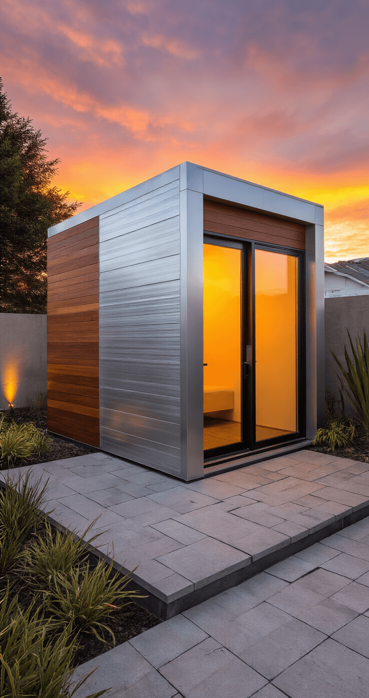 Small Garden Shed: Your Ultimate Space-Saving Storage Solution Contemporary metal-wood hybrid shed in modern backyard at sunset, featuring brushed aluminum and ipe wood panels, with a floor-to-ceiling glass door reflecting the orange sky, surrounded by geometric hardscaping and architectural plants, captured from an elevated position with dramatic side lighting.