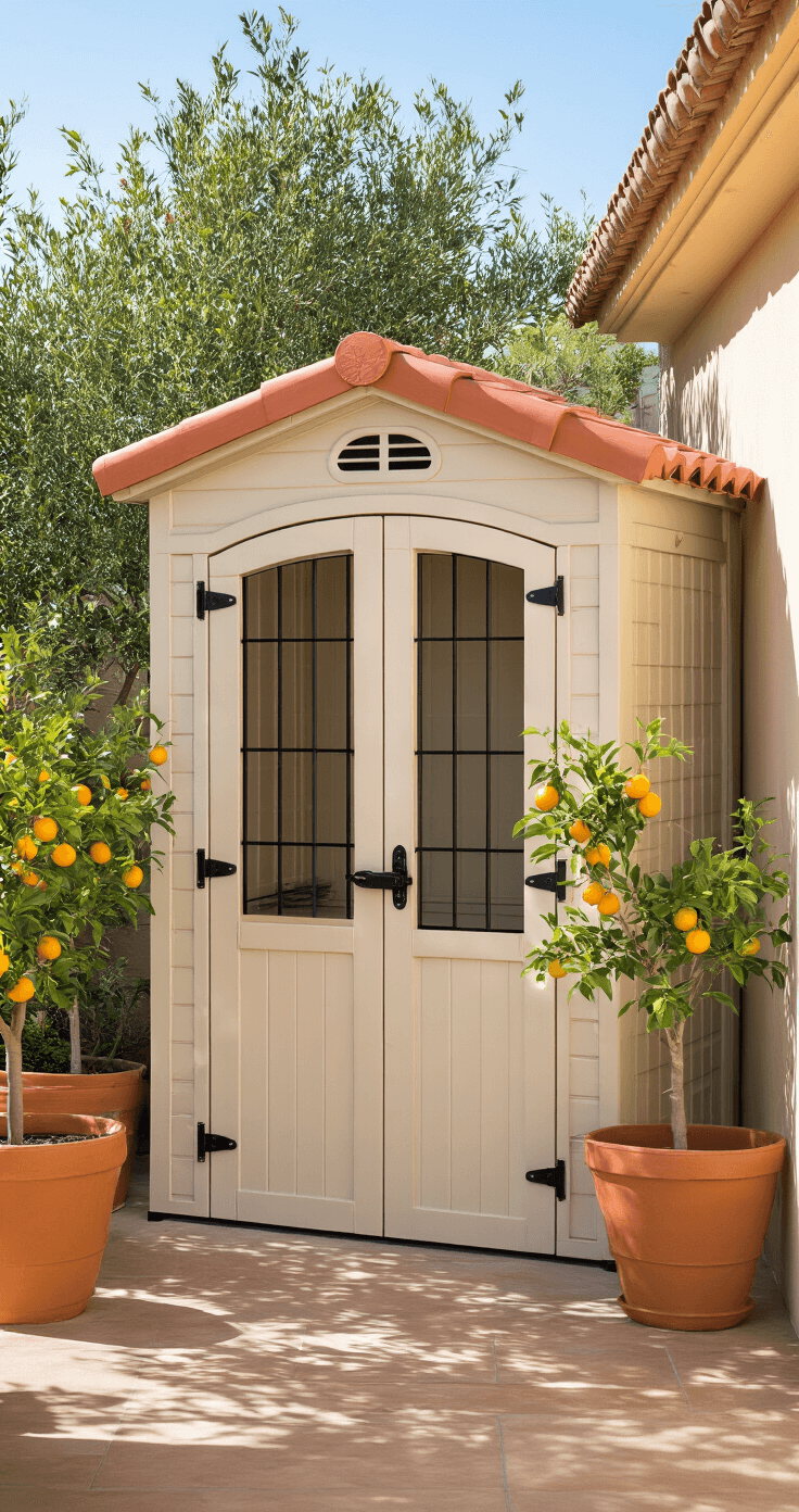 Small Garden Shed: Your Ultimate Space-Saving Storage Solution A petite 4'x2' plastic shed with beige panels and a terracotta roof, adorned with wrought iron hardware, sits in a Mediterranean-style patio surrounded by terracotta pots with citrus trees, photographed in bright midday sun, creating strong shadows.