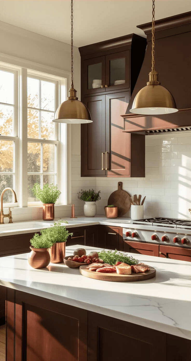 Espresso Kitchen Cabinets: The Ultimate Guide to Styling and Photographing Your Dream Space Bright kitchen with espresso cabinets and white quartz countertops, featuring floor-to-ceiling windows, brass pendant lights, a marble island, and stylish decor, during golden hour.