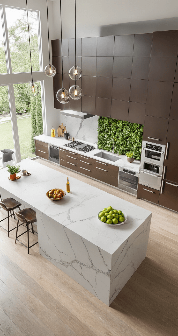 Espresso Kitchen Cabinets: The Ultimate Guide to Styling and Photographing Your Dream Space A spacious contemporary open-concept kitchen featuring floor-to-ceiling espresso cabinets, a dramatic white quartzite waterfall island, and modern glass pendant lighting, styled with a sculptural fruit bowl, coffee station, and vertical herb garden, captured from an elevated angle at midday.