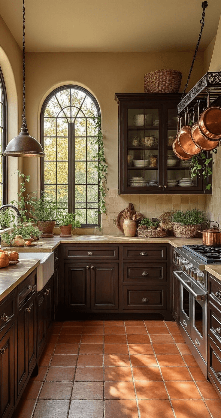 Espresso Kitchen Cabinets: The Ultimate Guide to Styling and Photographing Your Dream Space A Mediterranean-inspired kitchen at sunset featuring arched windows, espresso cabinets with ornate bronze hardware, glass-front upper units, and a warm terracotta tile floor. A wrought iron pot rack displays copper cookware, while ceramic olive jars, woven baskets, and trailing vine plants add charm to the space. The image captures architectural details diagonally with a color palette of deep espresso, warm terra cotta, oil-rubbed bronze, and sage green.