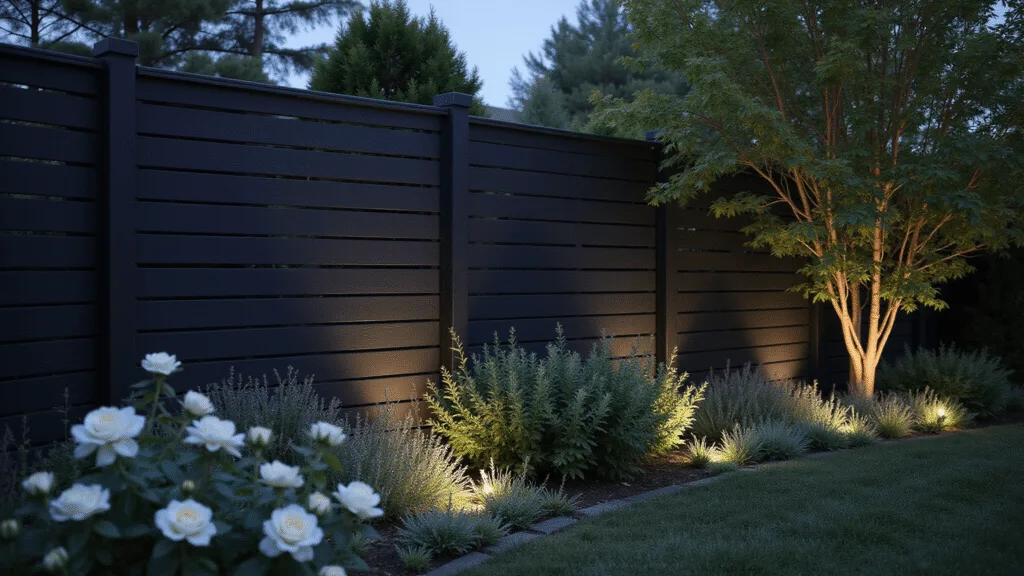 Black Garden Fences: Transforming Outdoor Spaces with Dramatic Style Photorealistic twilight garden scene showcasing a tall matte black horizontal slat fence, illuminated by LED uplighting, framed by white David Austin roses and silver-leafed artemisia, with a blurred background and ethereal lighting effects.