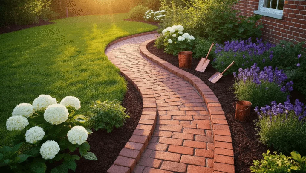 Brick Edging for Flower Beds: Transform Your Garden's Look Aerial view of a curved cottage garden bed with terracotta brick edging, surrounded by blooming white hydrangeas and purple salvias, captured during golden hour with dramatic lighting and detailed textures.