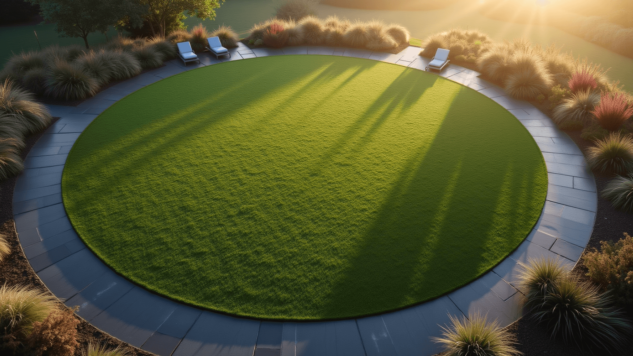 Aerial view of a pristine circular lawn at golden hour, featuring a 20-foot diameter emerald grass circle with dark gray slate edging, modern aluminum loungers, and ornamental grasses, all surrounded by morning mist and soft, directional light.