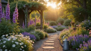 A photorealistic wide shot of an enchanted English cottage garden at golden hour, featuring a winding gravel path, towering purple foxgloves, pink hollyhocks, and climbing David Austin roses, with soft golden light creating a dreamy ambiance and rich textures throughout the scene.