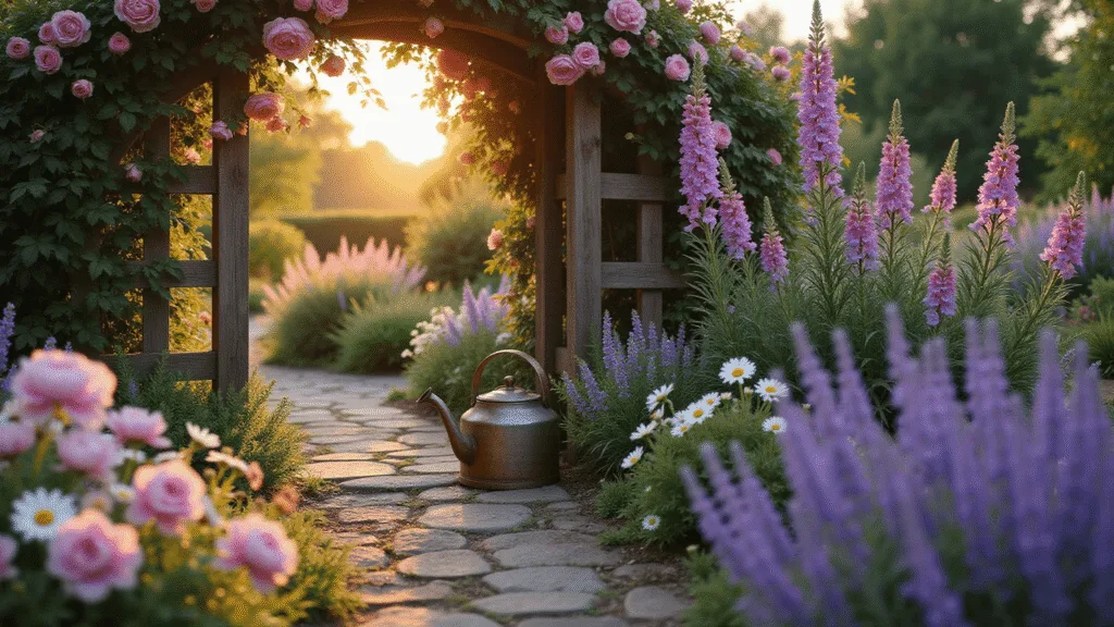 Creating a Charming Small Cottage Garden: Your Ultimate Guide Photorealistic image of a charming cottage garden entrance at golden hour, featuring a wooden arch with climbing pink roses, a winding stone pathway, and colorful cottage flowers, including peonies and delphiniums, with sunlight creating magical bokeh effects.